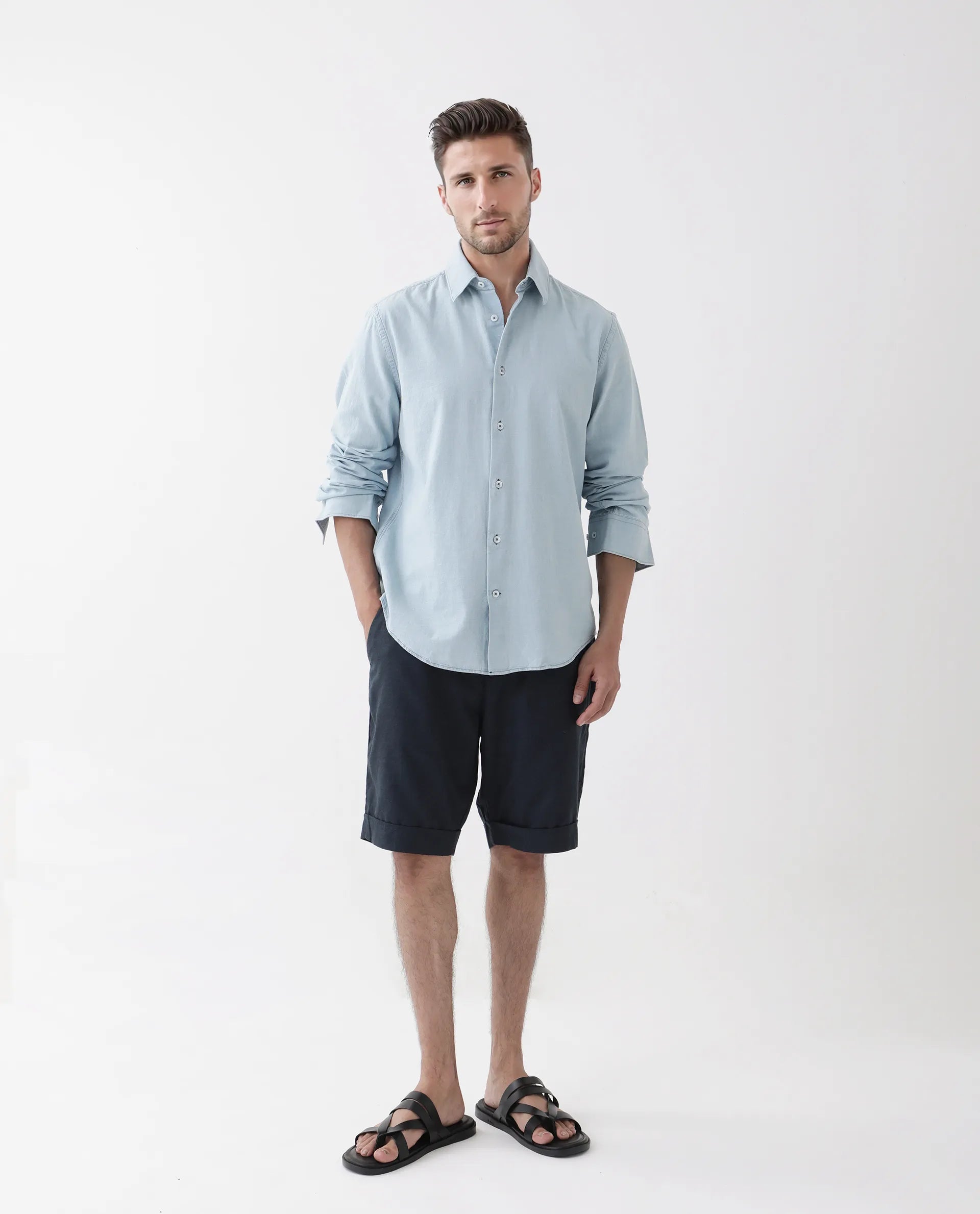 Rare Rabbit Men's Derry Blue Cotton Plain Regular Fit Full Sleeve Collared Shirt