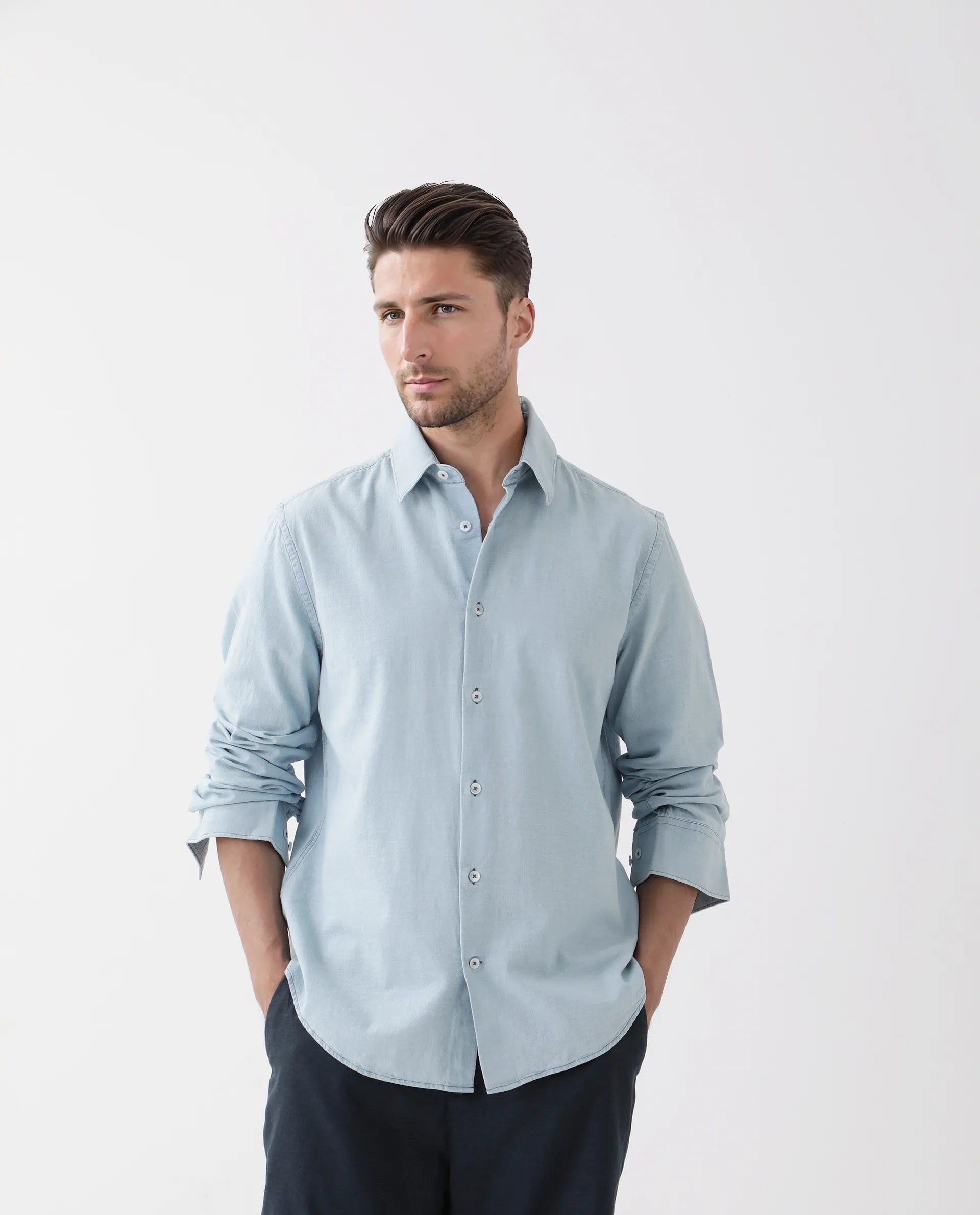 Rare Rabbit Men's Derry Blue Cotton Plain Regular Fit Full Sleeve Collared Shirt