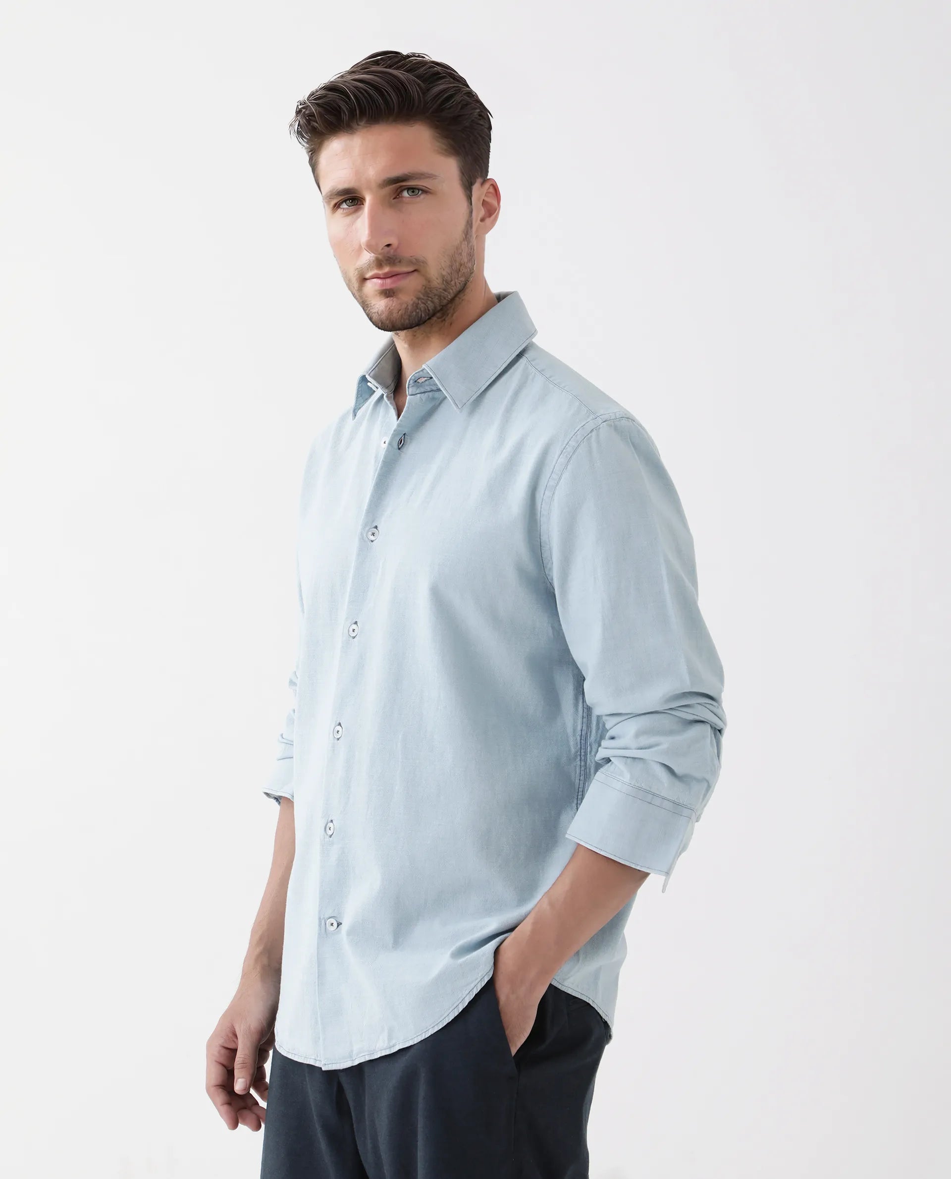 Rare Rabbit Men's Derry Blue Cotton Plain Regular Fit Full Sleeve Collared Shirt