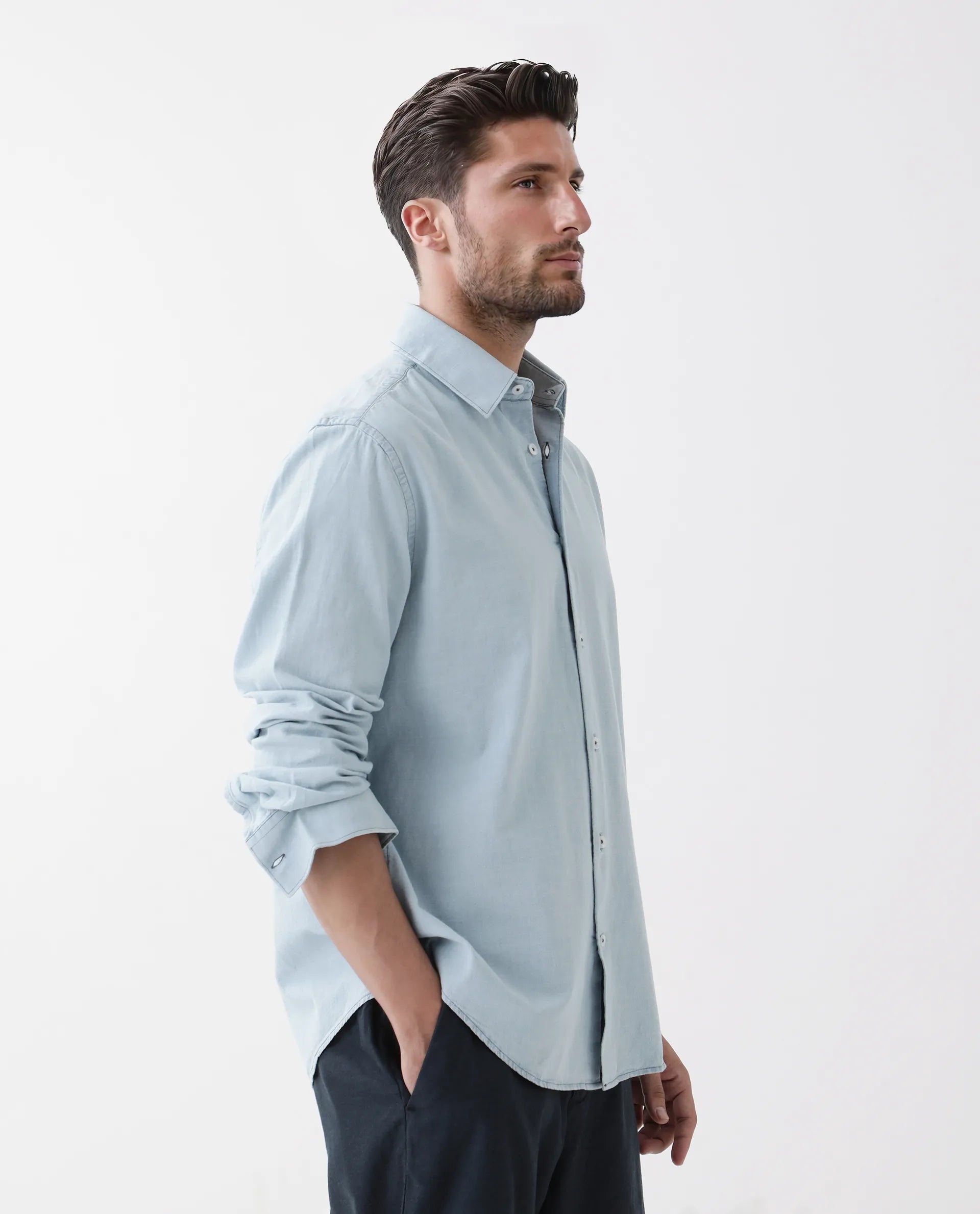 Rare Rabbit Men's Derry Blue Cotton Plain Regular Fit Full Sleeve Collared Shirt