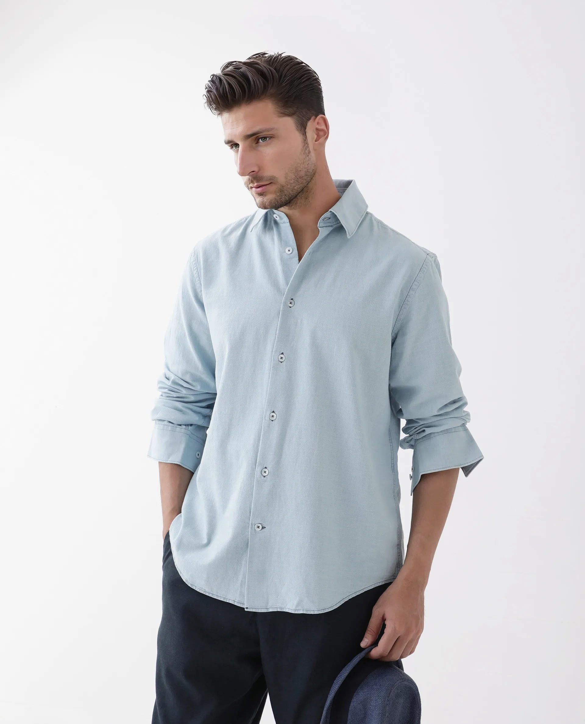 Rare Rabbit Men's Derry Blue Cotton Plain Regular Fit Full Sleeve Collared Shirt