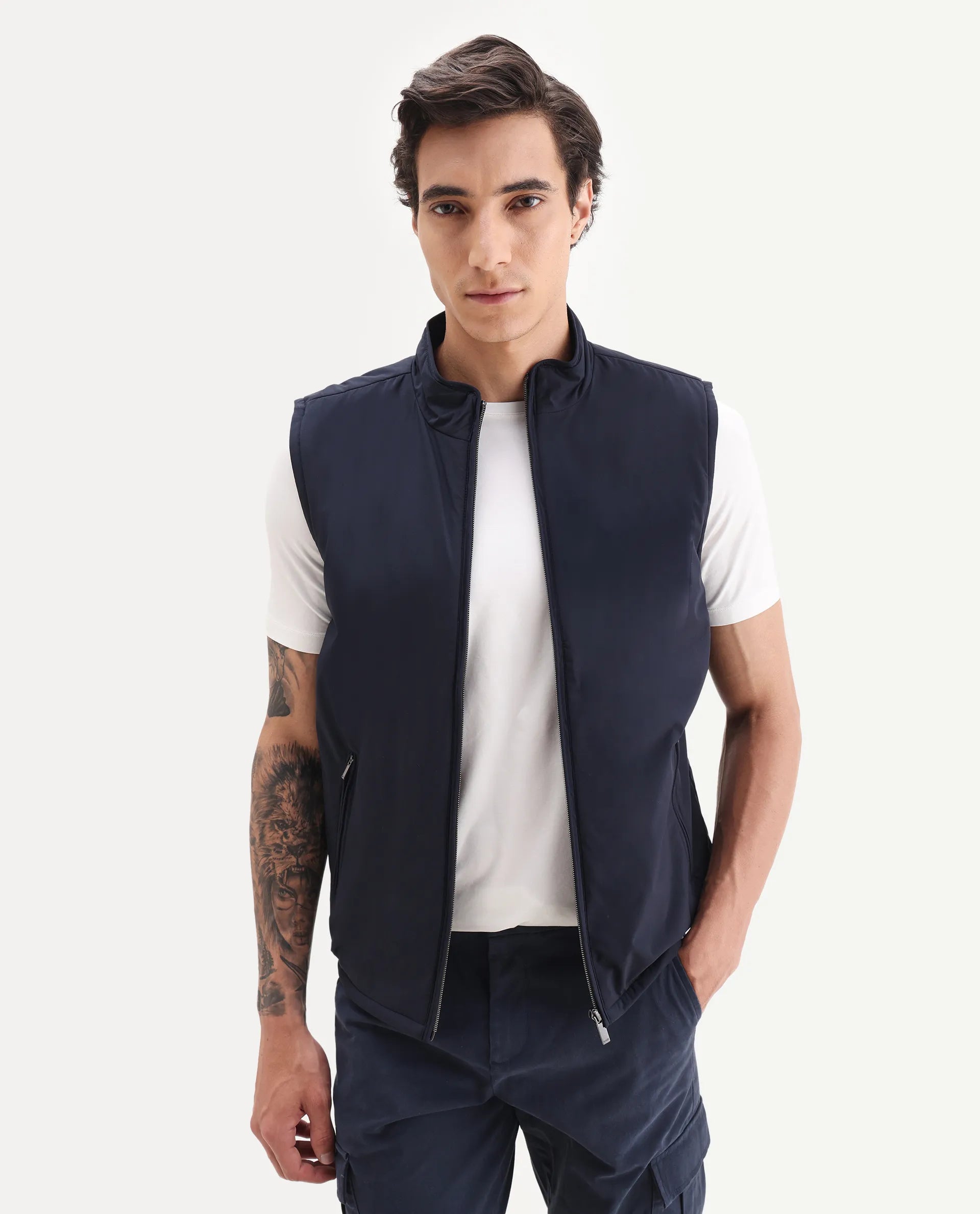 Rare Rabbit Men's Derry Navy Polyester Fabric High Neck Regular Fit Plain Jacket