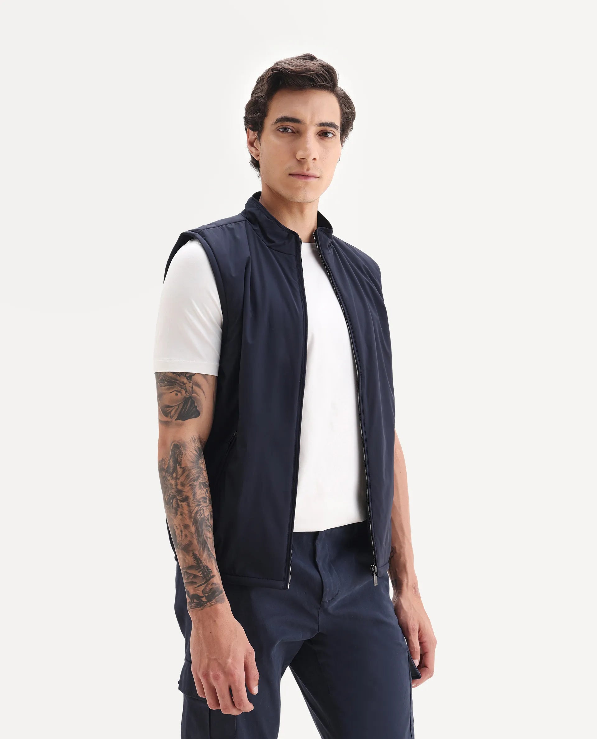Rare Rabbit Men's Derry Navy Polyester Fabric High Neck Regular Fit Plain Jacket