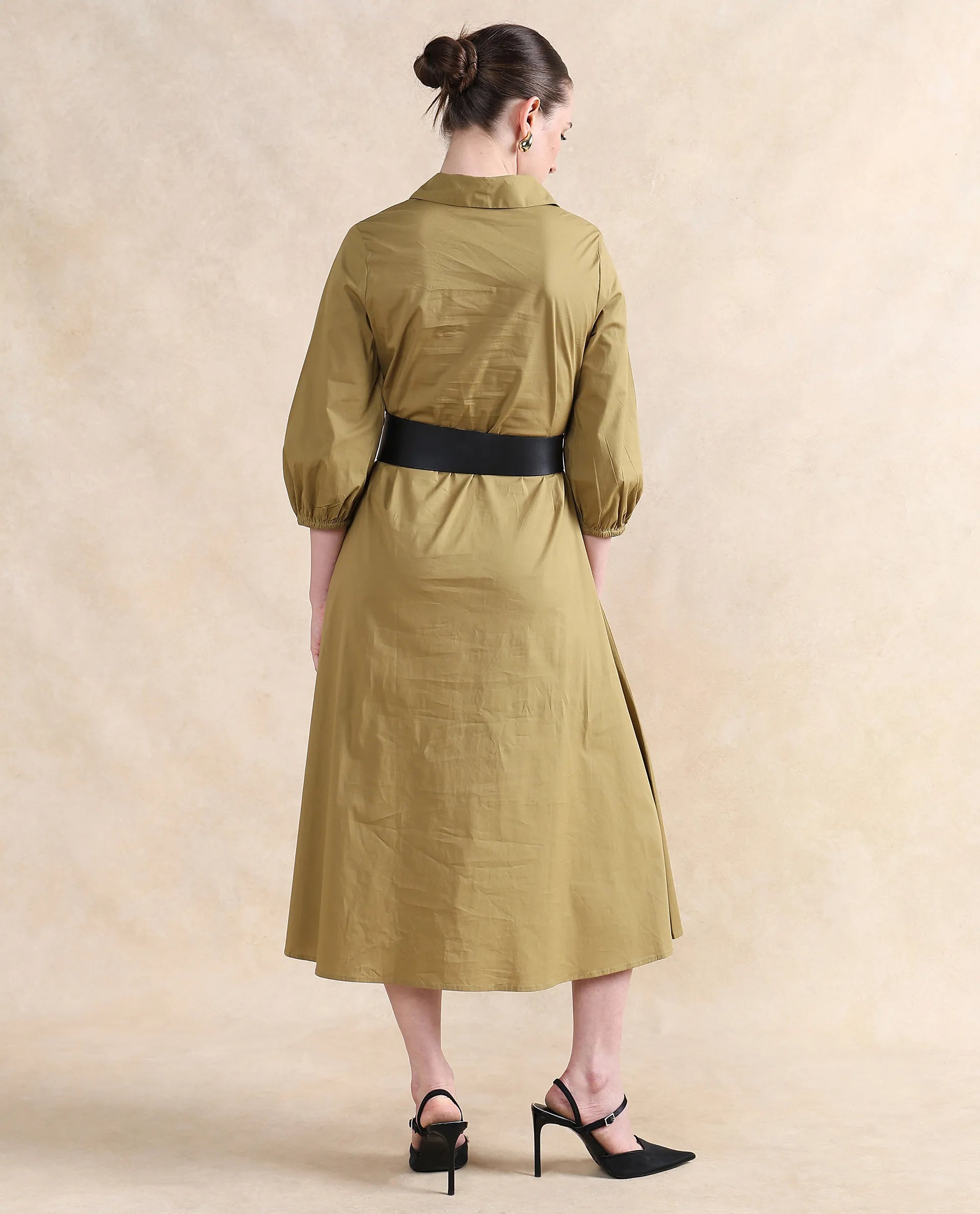 Rareism Women Desal Olive Cotton Blend Fabric Bishop Sleeve Collared Neck Flared Fit Midi Plain Dress