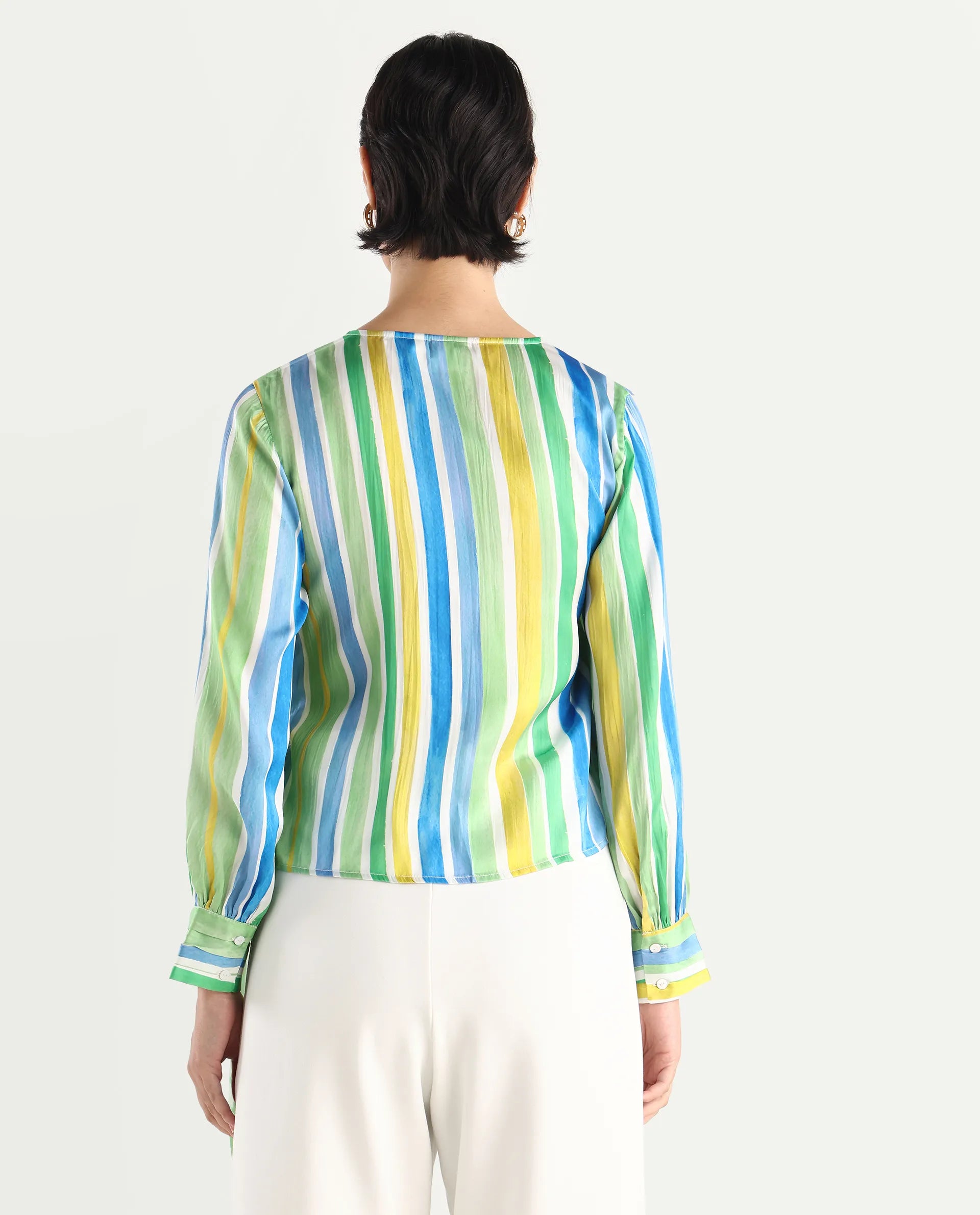 Rareism Women's Dessa Multi Overlap Neck Striped Cuffed Sleeve Regular Fit Top