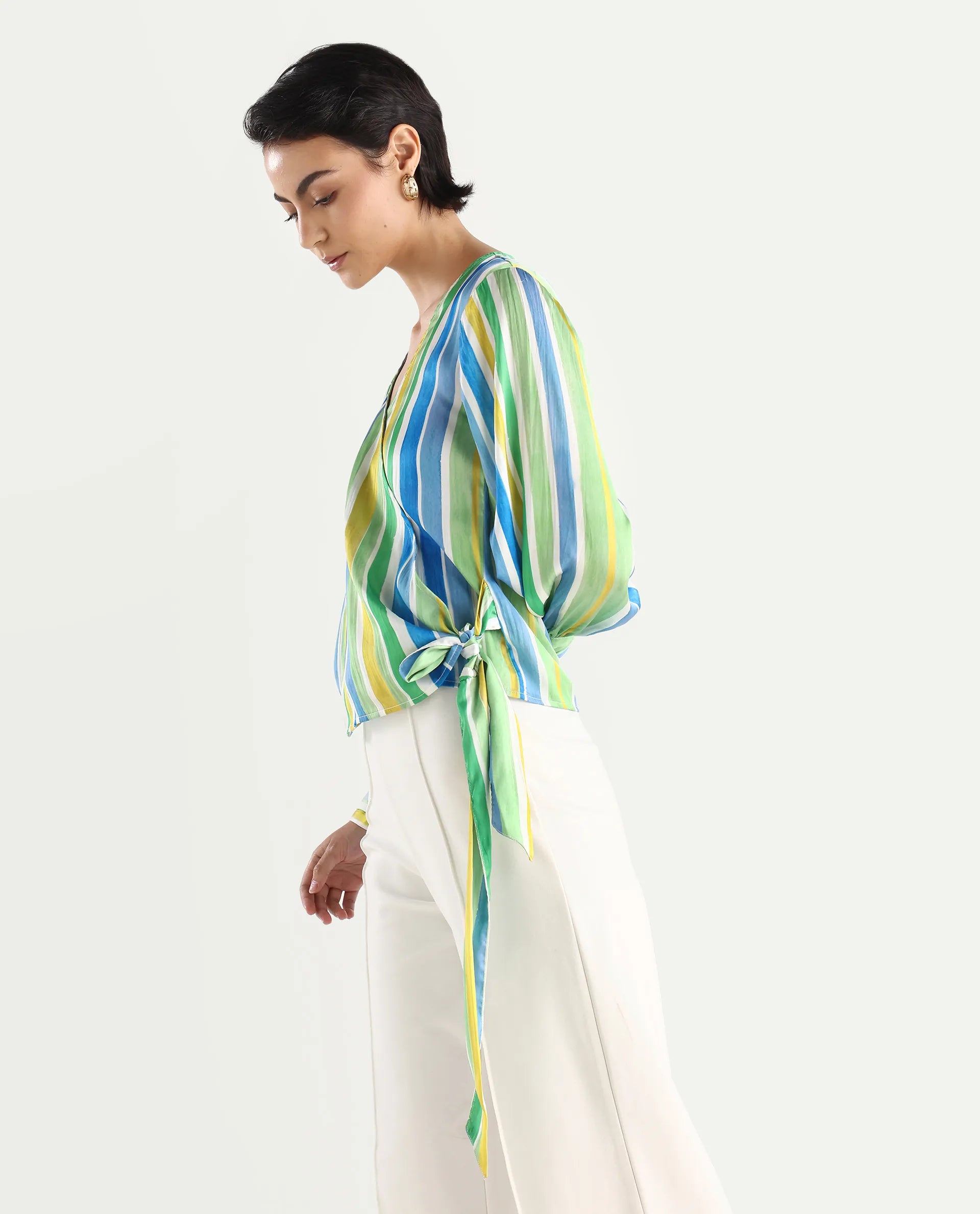 Rareism Women's Dessa Multi Overlap Neck Striped Cuffed Sleeve Regular Fit Top