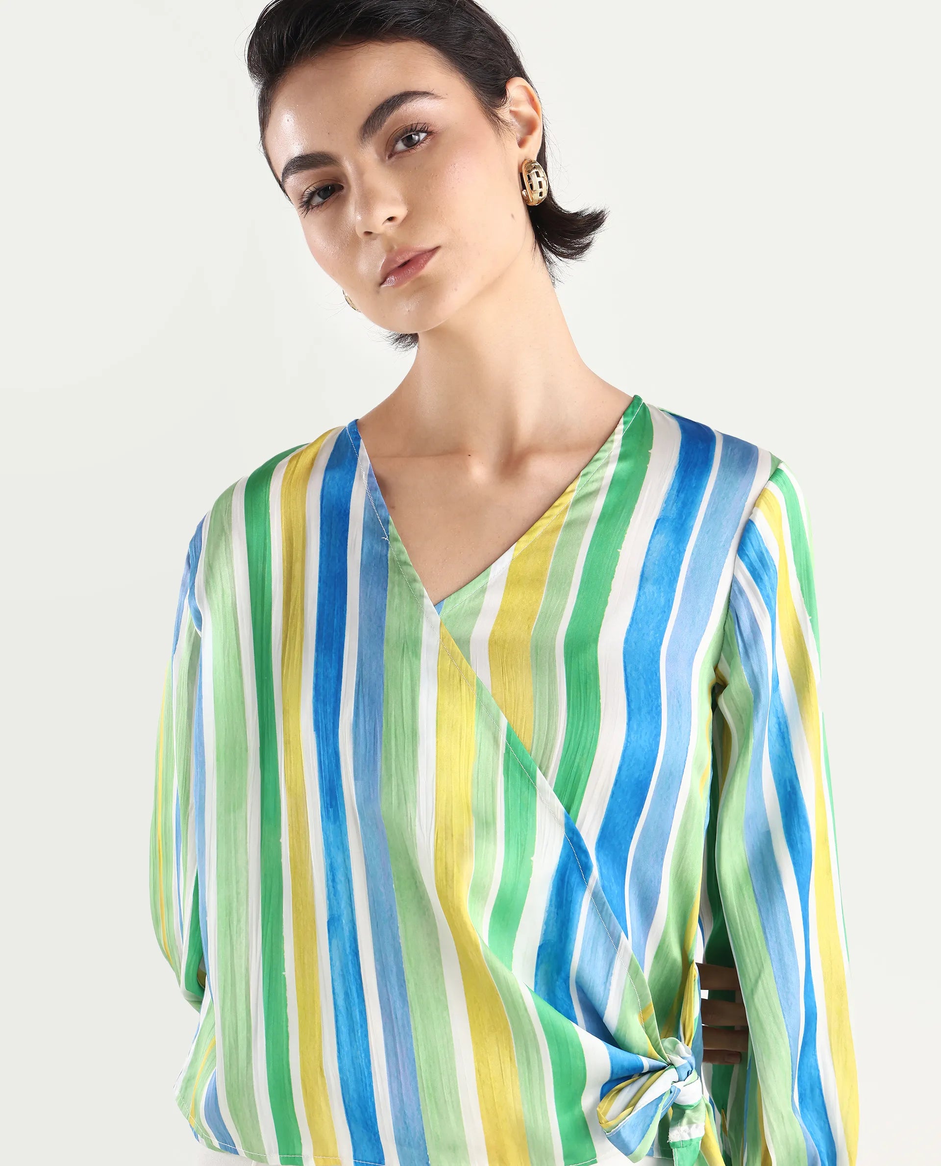 Rareism Women's Dessa Multi Overlap Neck Striped Cuffed Sleeve Regular Fit Top