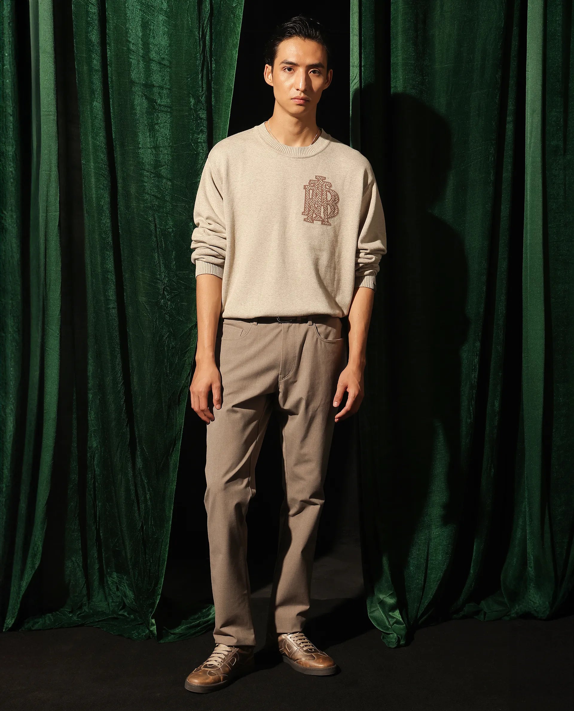 Rare Rabbit Men's Destin Beige Cotton Fabric Full Sleeve Crew Neck Jacquard Sweater