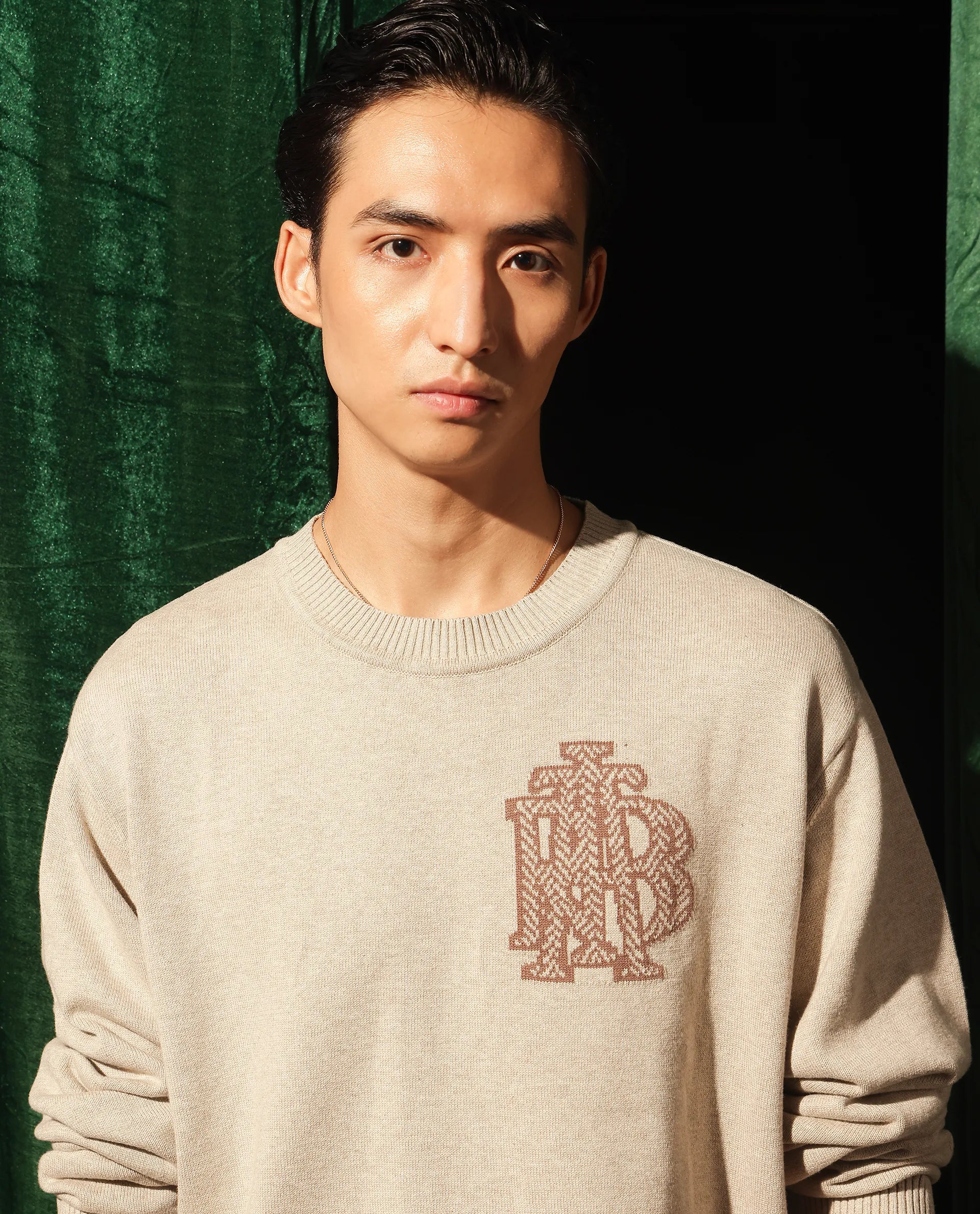 Rare Rabbit Men's Destin Beige Cotton Fabric Full Sleeve Crew Neck Jacquard Sweater