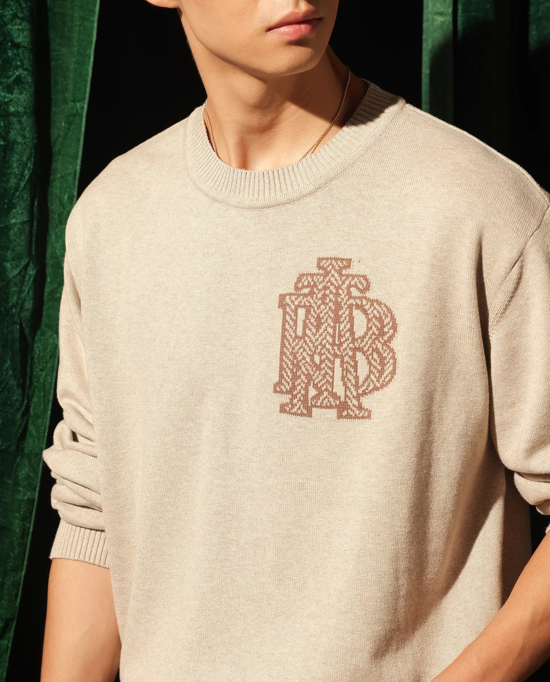 Rare Rabbit Men's Destin Beige Cotton Fabric Full Sleeve Crew Neck Jacquard Sweater