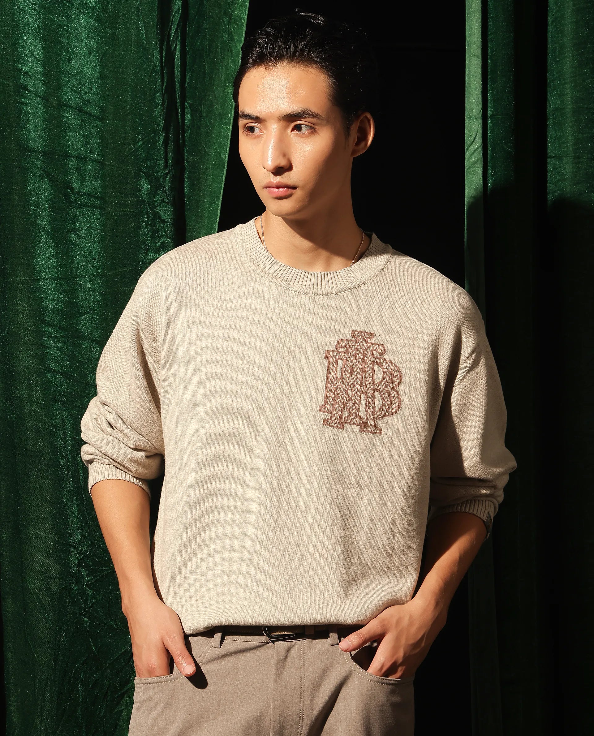 Rare Rabbit Men's Destin Beige Cotton Fabric Full Sleeve Crew Neck Jacquard Sweater