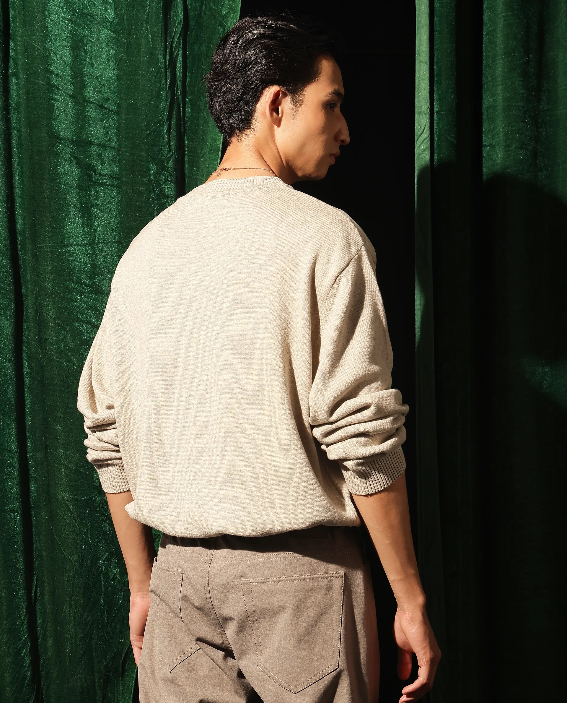 Rare Rabbit Men's Destin Beige Cotton Fabric Full Sleeve Crew Neck Jacquard Sweater