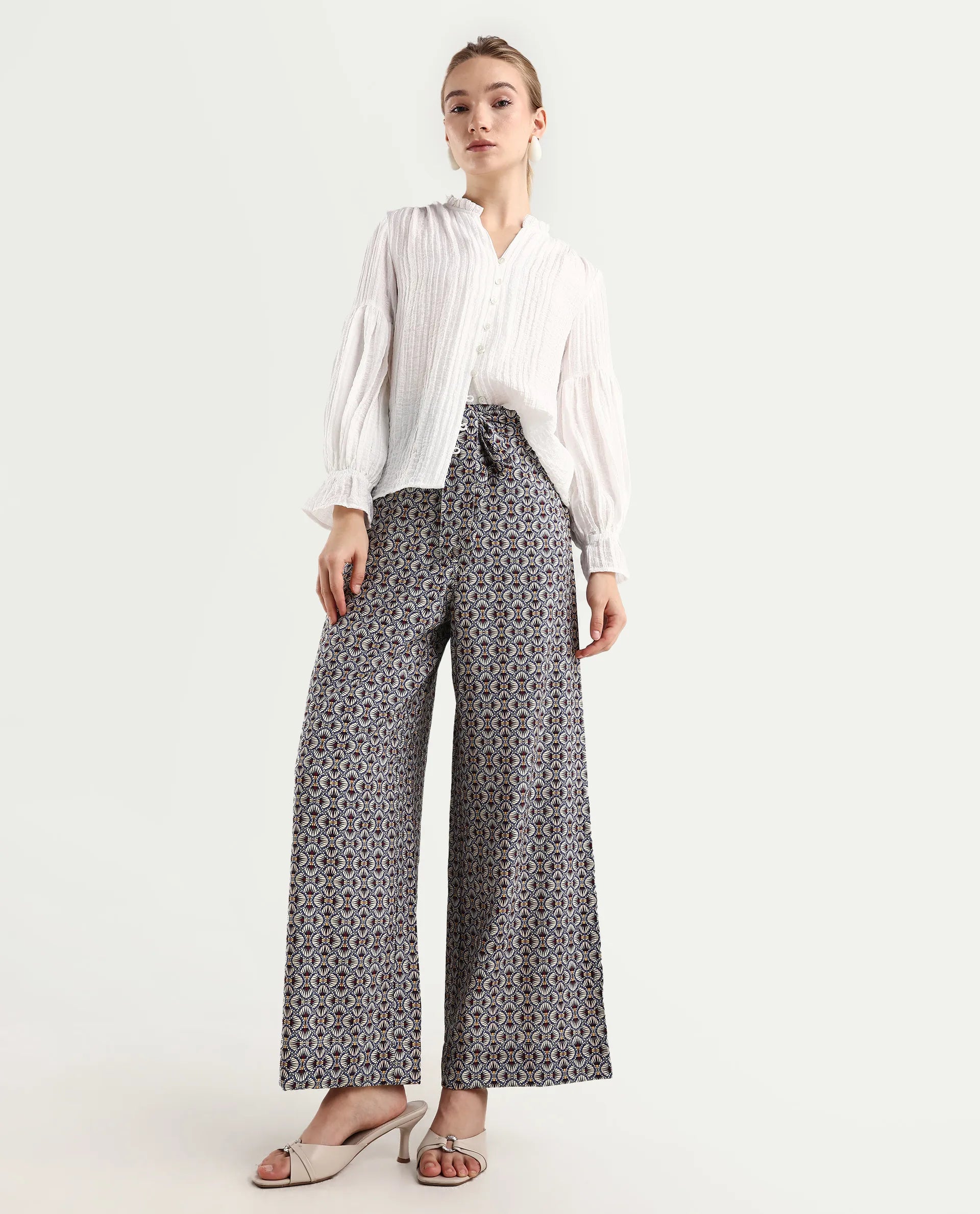 Rareism Women's Detofo Light Multi Nylon Geometric Print Ankle Length Straight Fit Trouser