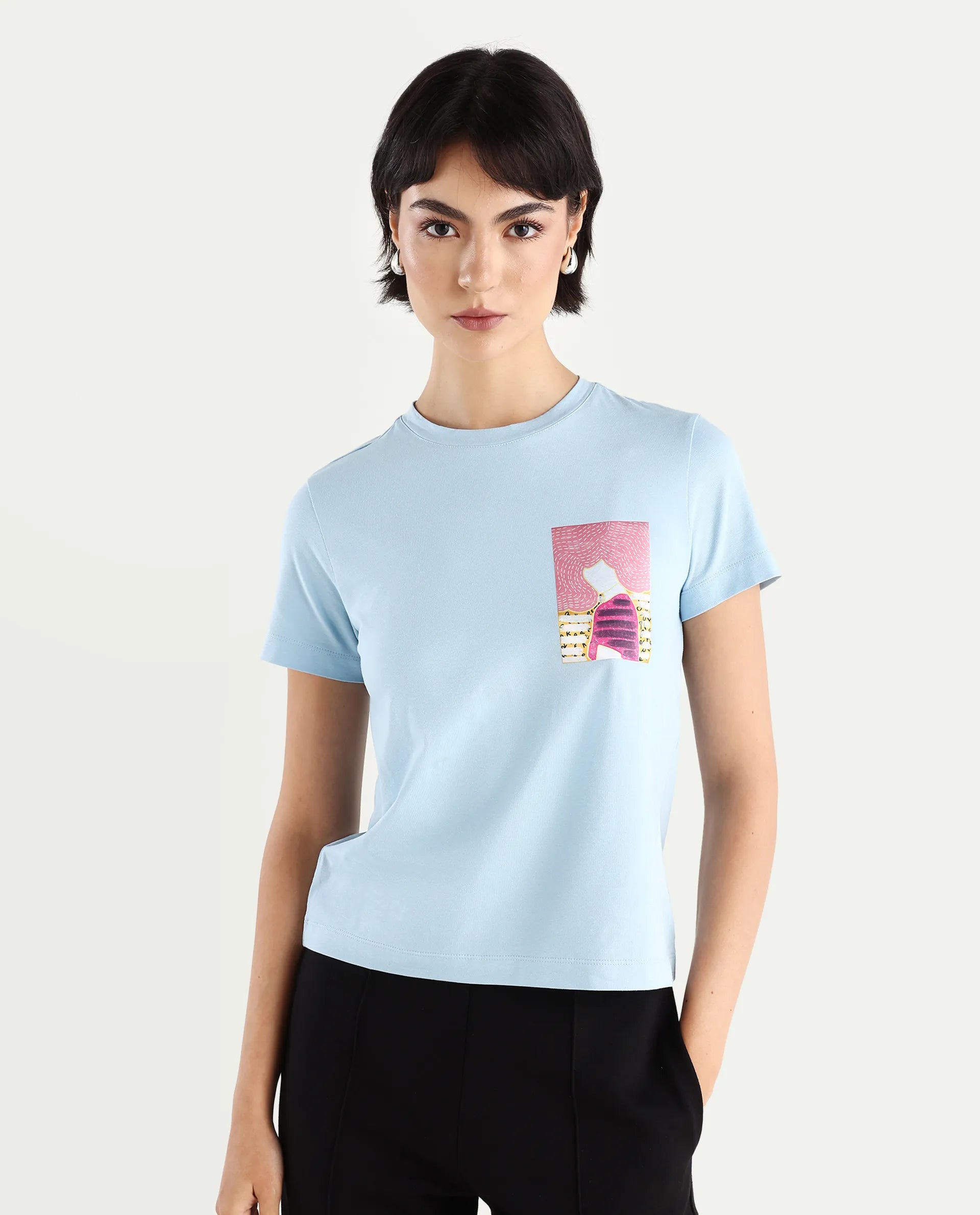 Rareism Women's Detti Light Blue Cotton Blend Crew Neck Graphic Print Regular Fit T-Shirt