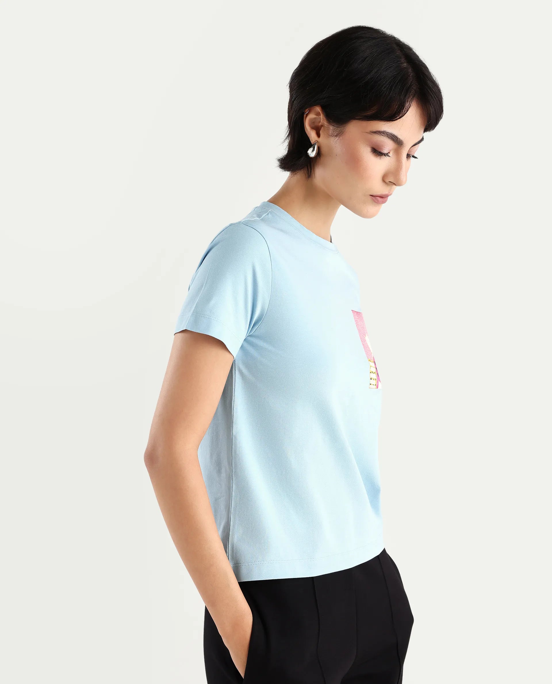 Rareism Women's Detti Light Blue Cotton Blend Crew Neck Graphic Print Regular Fit T-Shirt