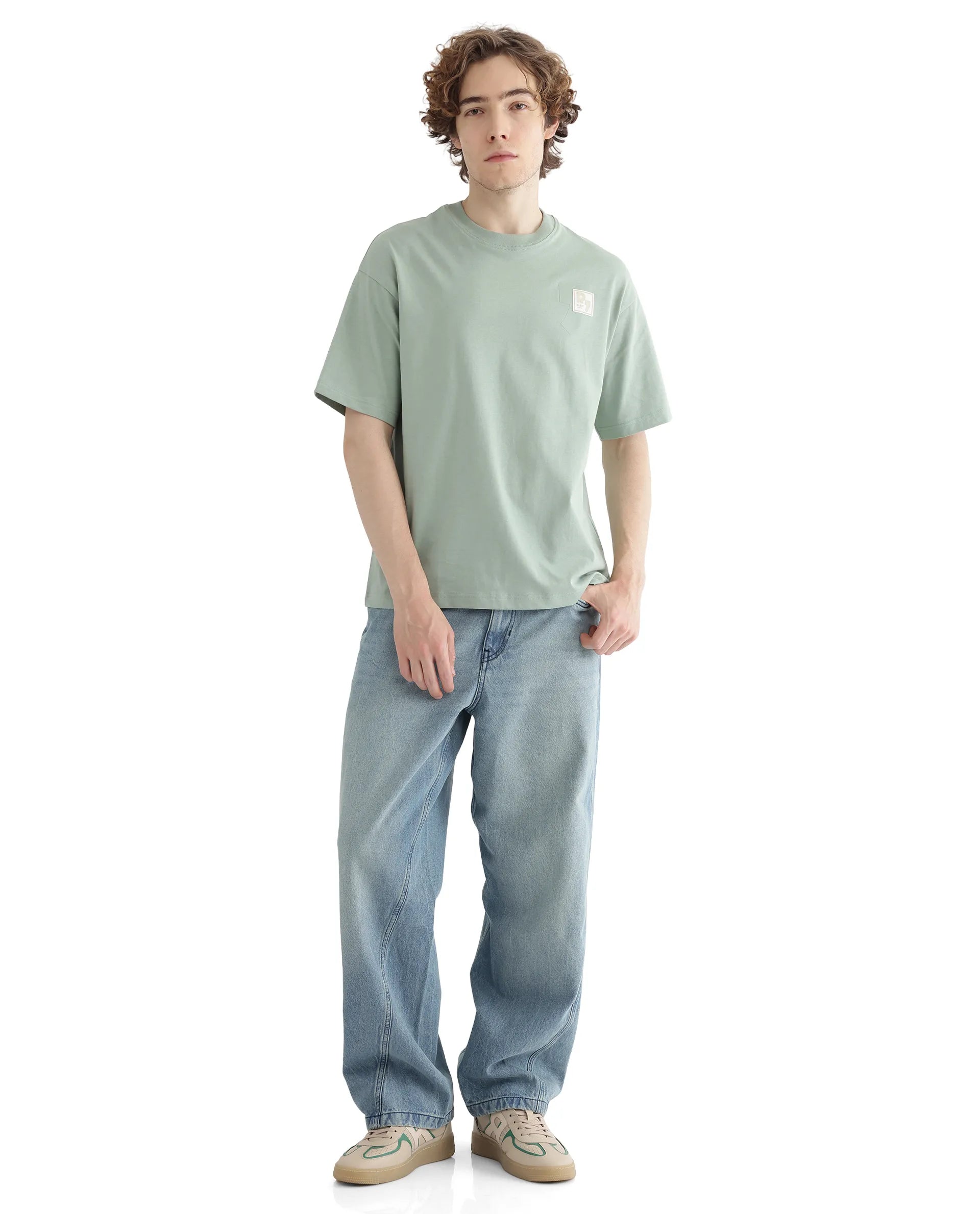 Rare Rabbit Men Deus Dusky Green Cotton Fabric Short Sleeve Boxy Fit HD Print and Applique Detail T-Shirt