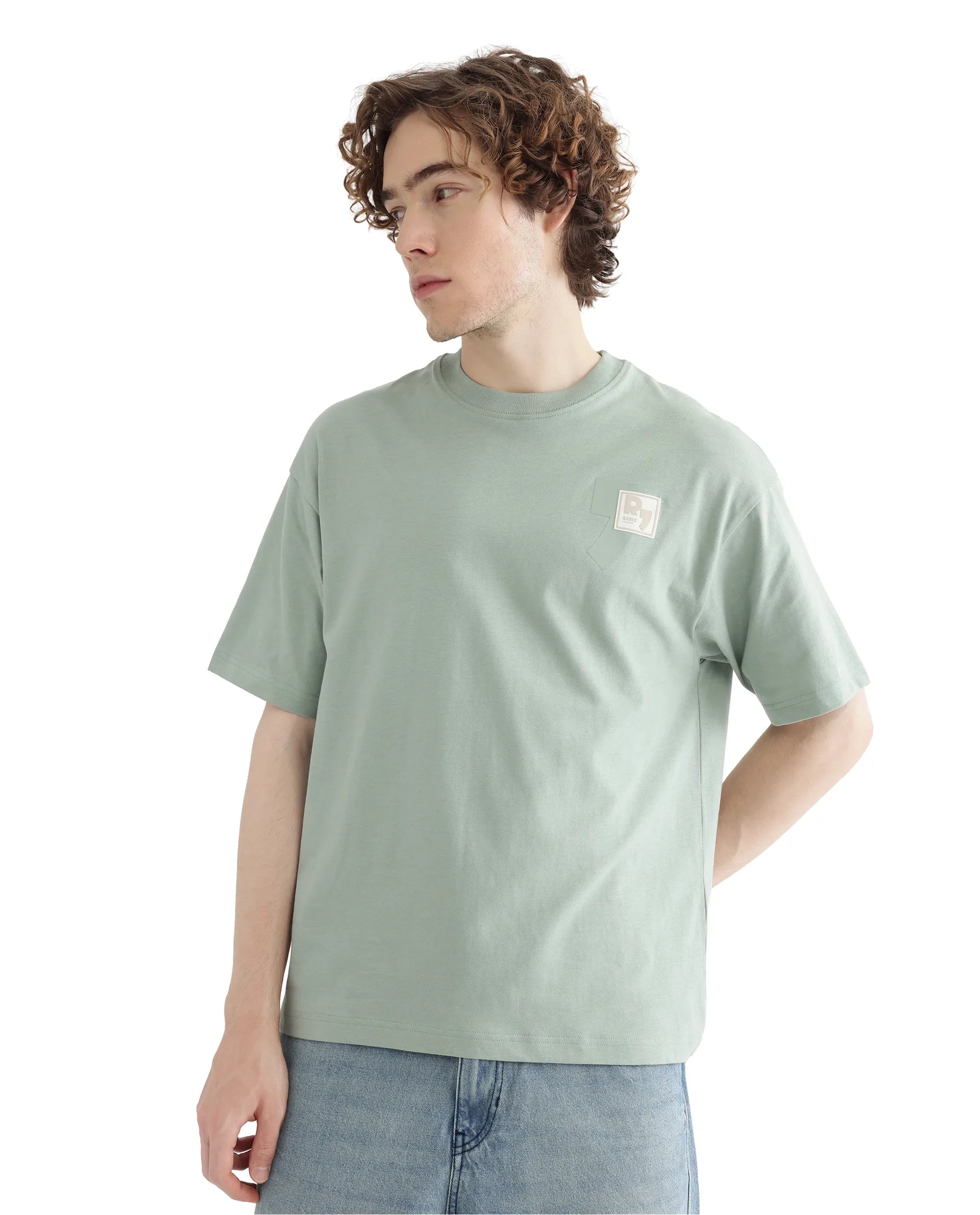 Rare Rabbit Men Deus Dusky Green Cotton Fabric Short Sleeve Boxy Fit HD Print and Applique Detail T-Shirt