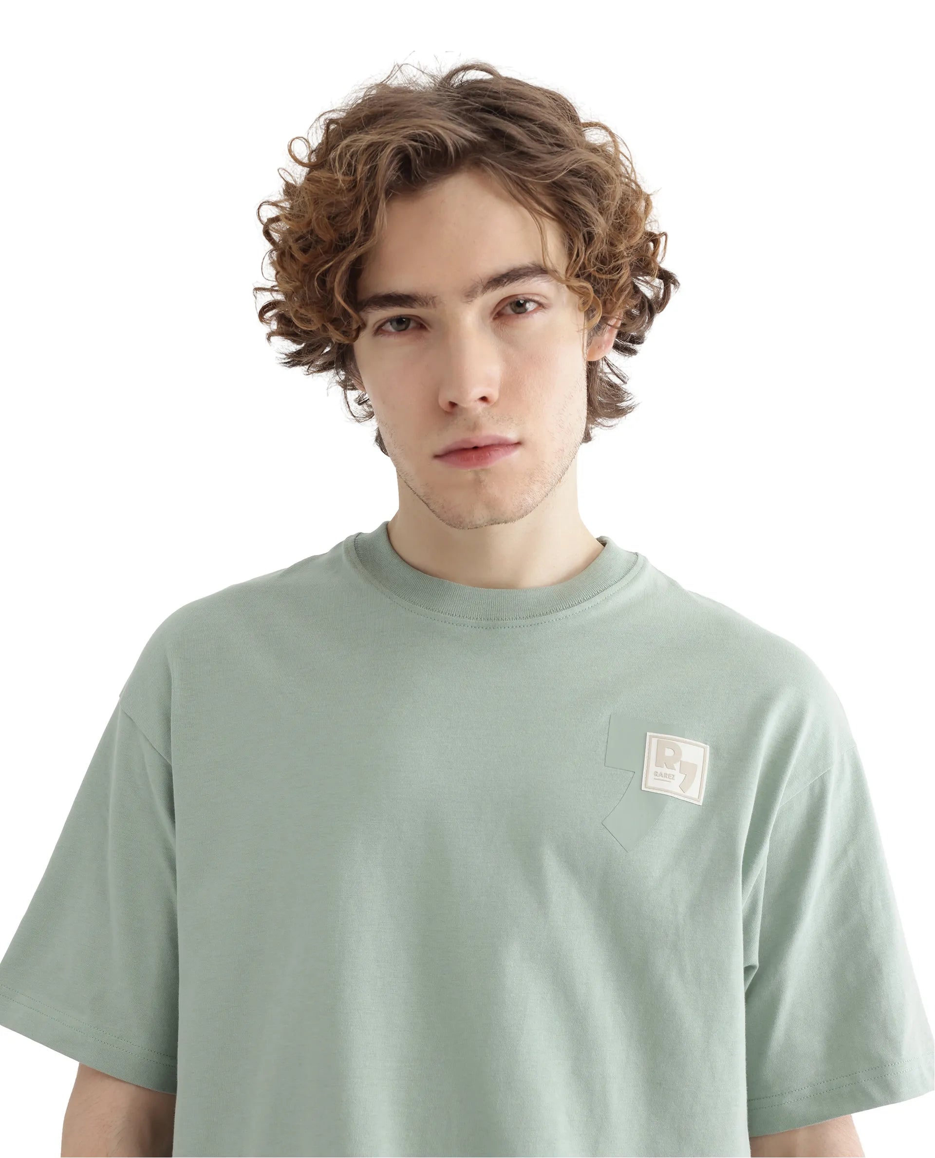 Rare Rabbit Men Deus Dusky Green Cotton Fabric Short Sleeve Boxy Fit HD Print and Applique Detail T-Shirt