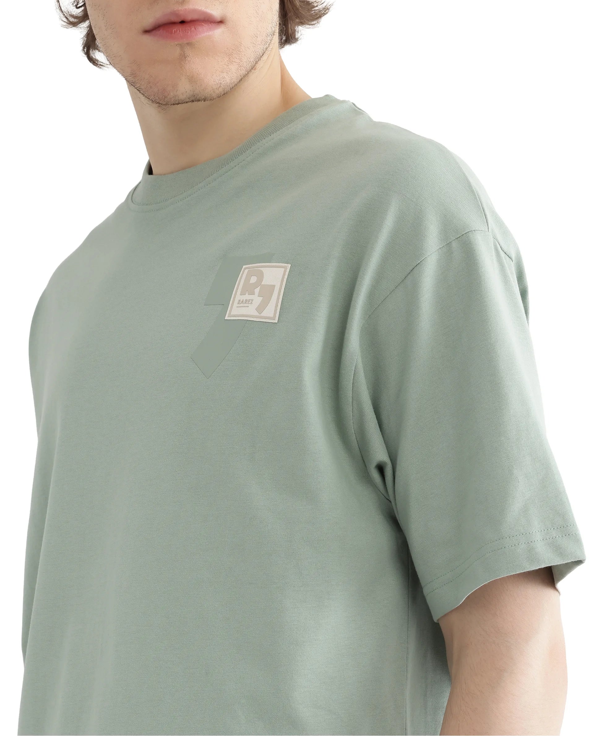 Rare Rabbit Men Deus Dusky Green Cotton Fabric Short Sleeve Boxy Fit HD Print and Applique Detail T-Shirt