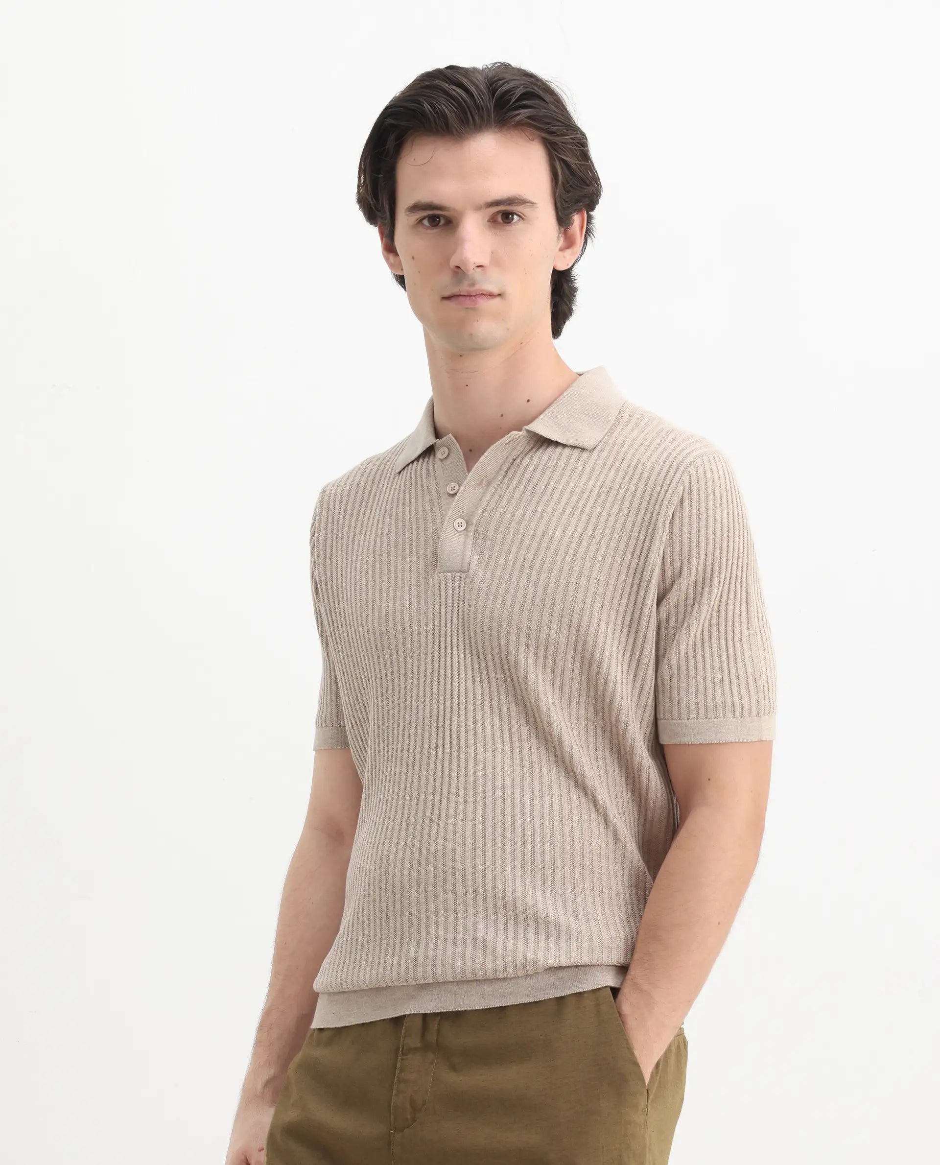 Rare Rabbit Men's Devr Khaki Tencel Textured Regular Fit Half Sleeve Polo