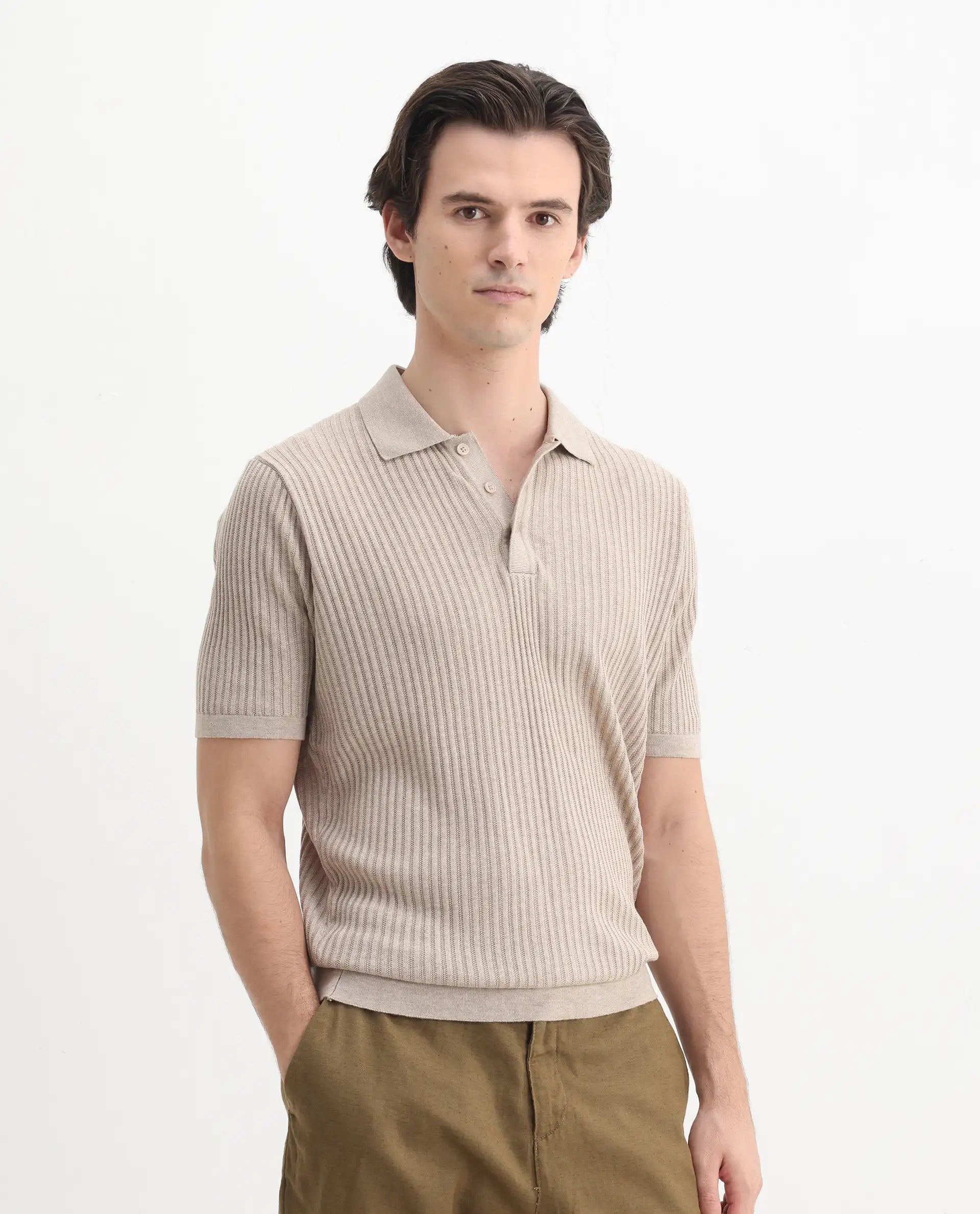 Rare Rabbit Men's Devr Khaki Tencel Textured Regular Fit Half Sleeve Polo
