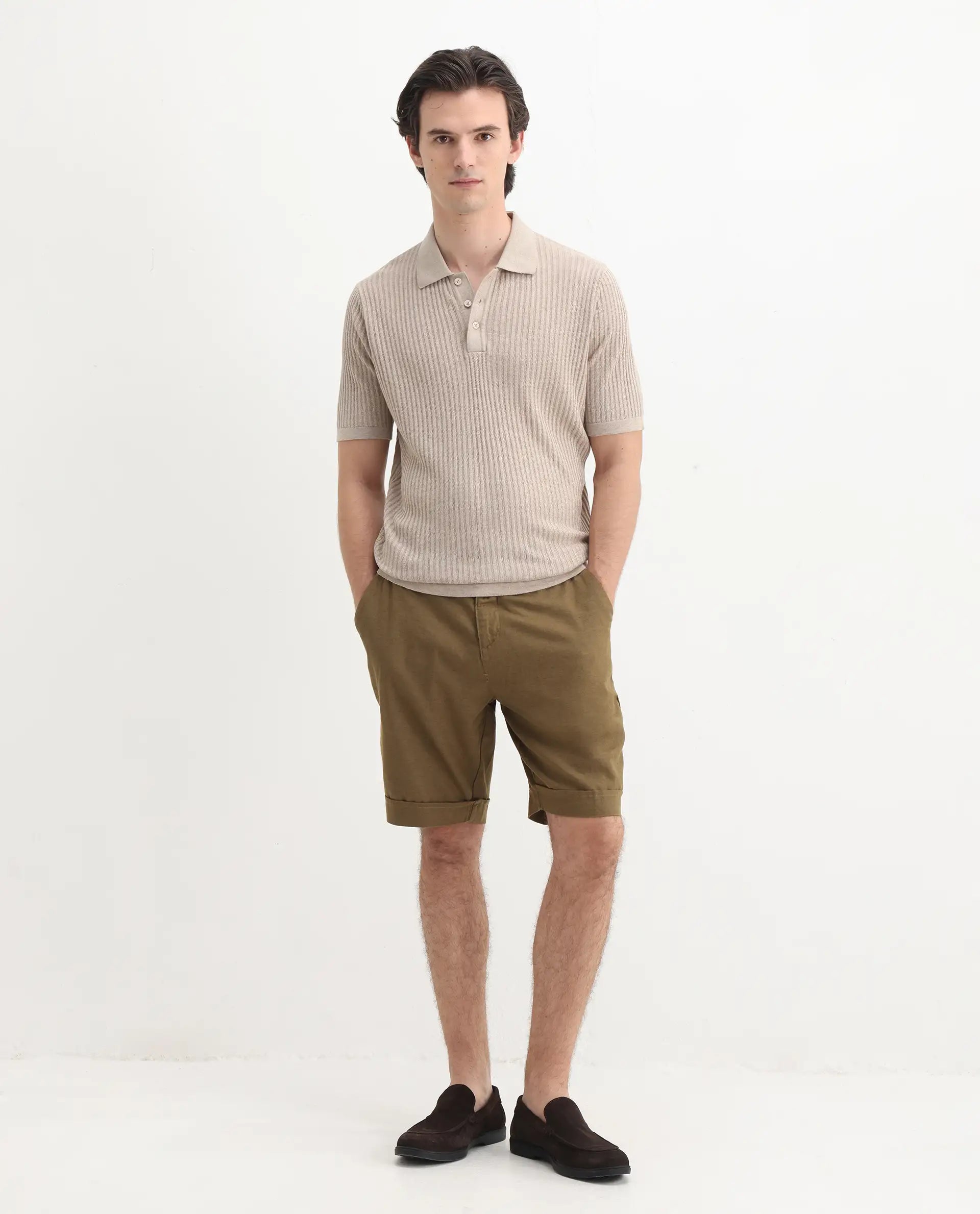 Rare Rabbit Men's Devr Khaki Tencel Textured Regular Fit Half Sleeve Polo