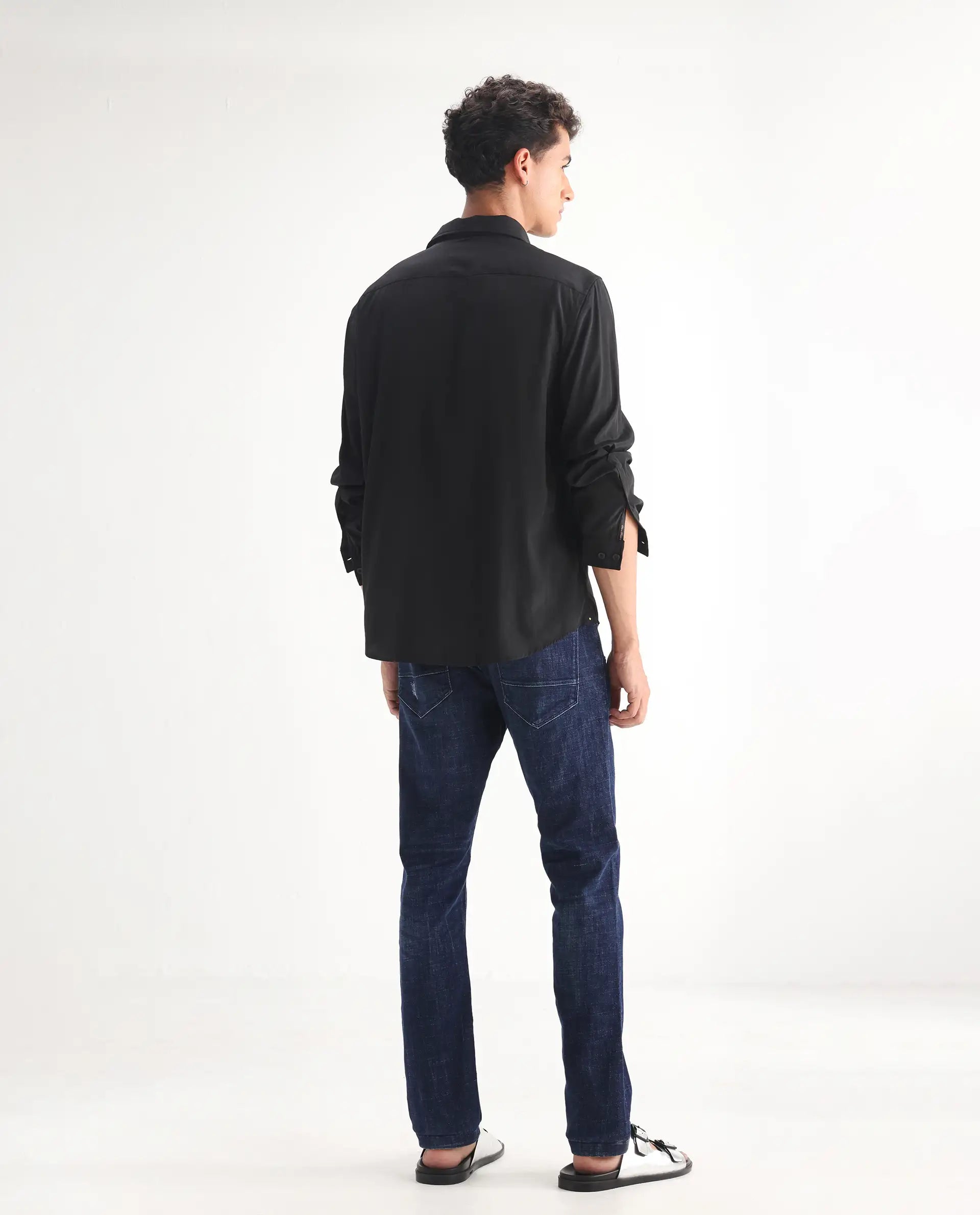 Rare Rabbit Men's Devin Blue Cotton Blend Plain Hawk Slim Fit Jeans