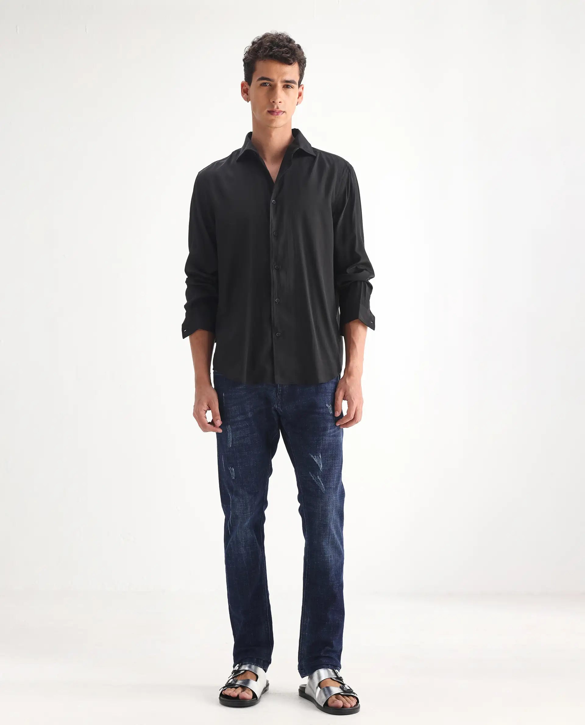 Rare Rabbit Men's Devin Blue Cotton Blend Plain Hawk Slim Fit Jeans