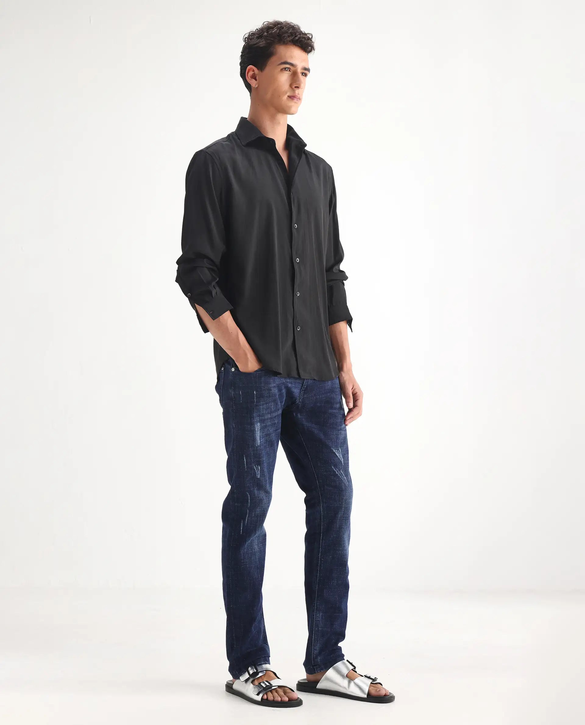 Rare Rabbit Men's Devin Blue Cotton Blend Plain Hawk Slim Fit Jeans