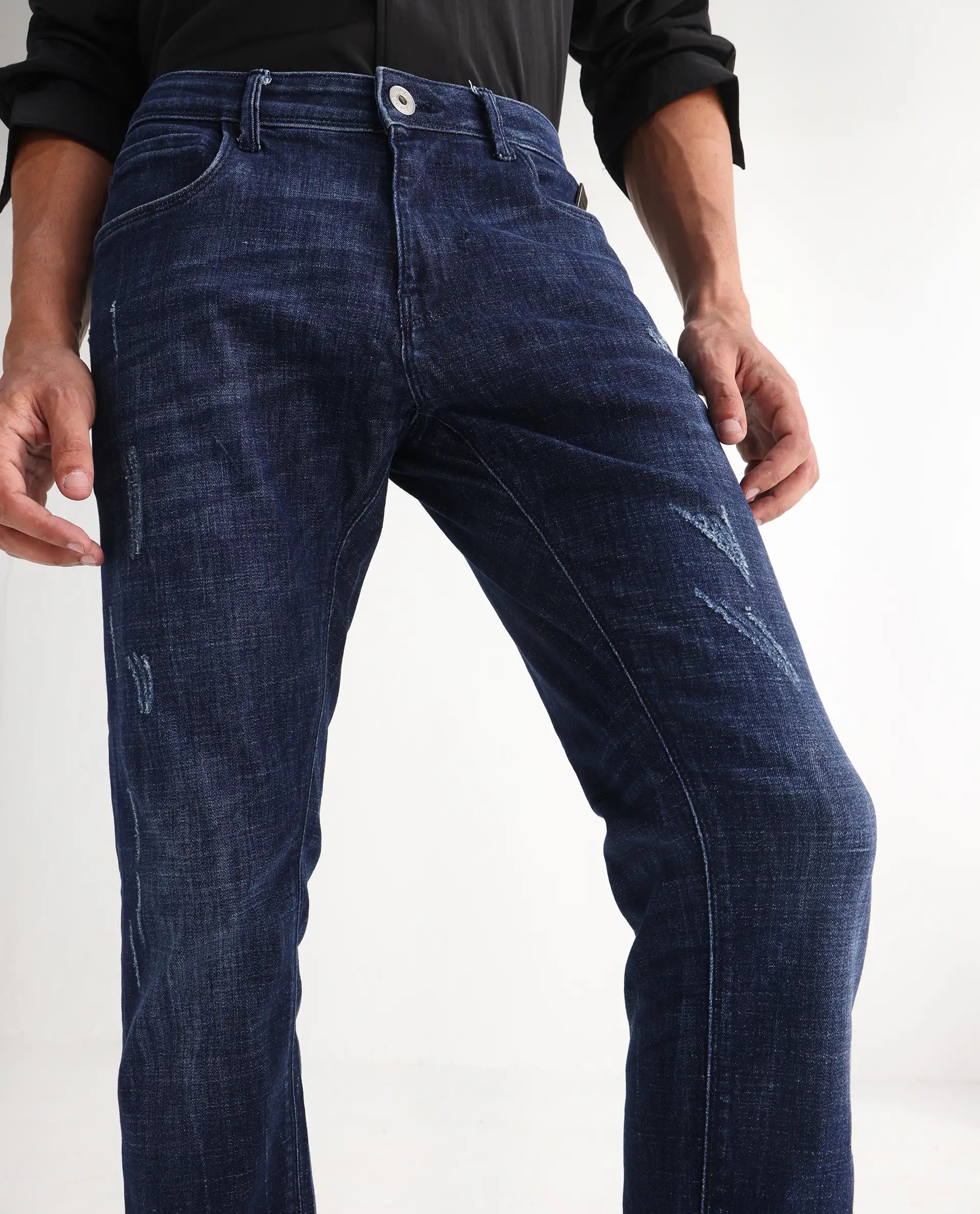 Rare Rabbit Men's Devin Blue Cotton Blend Plain Hawk Slim Fit Jeans