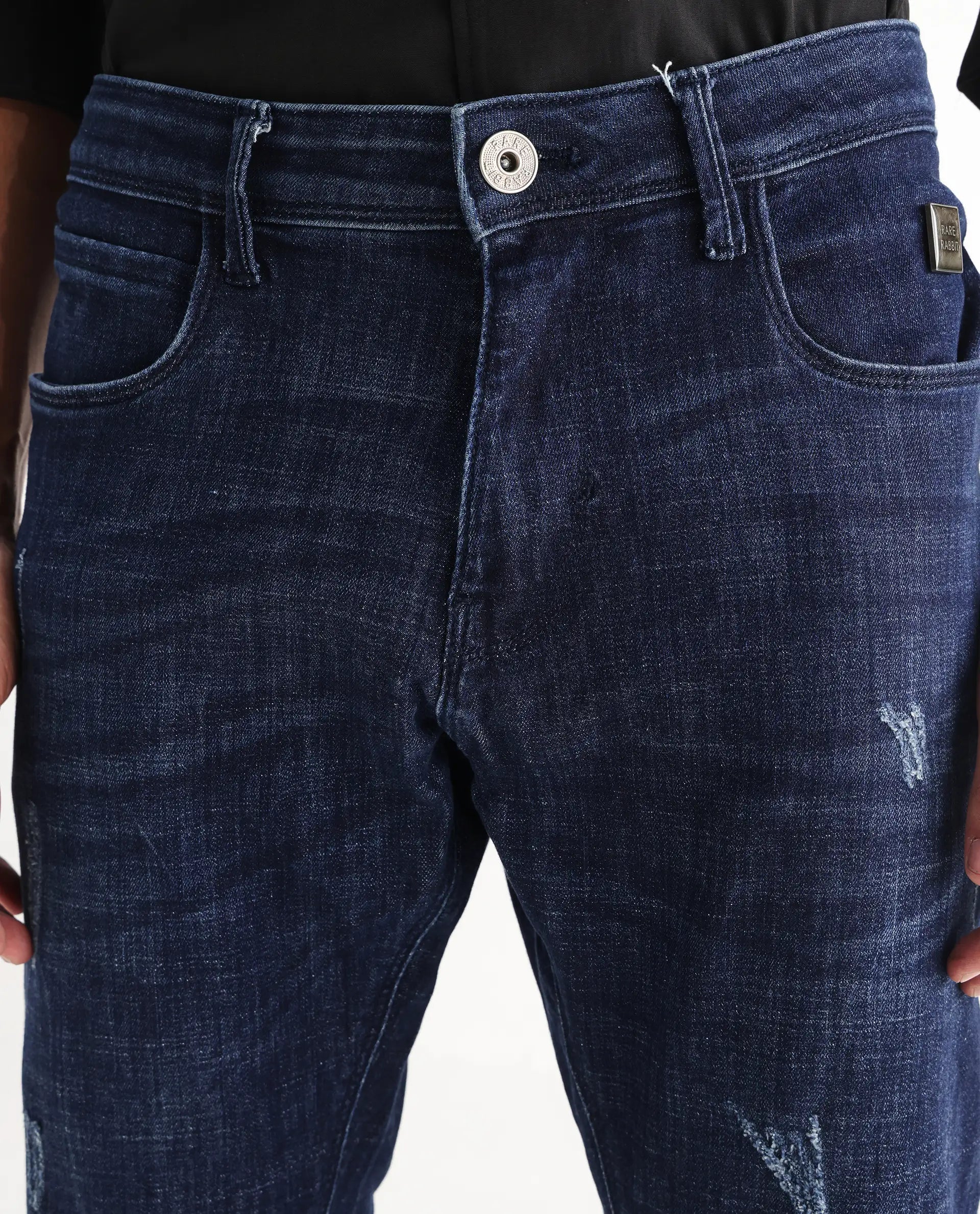 Rare Rabbit Men's Devin Blue Cotton Blend Plain Hawk Slim Fit Jeans