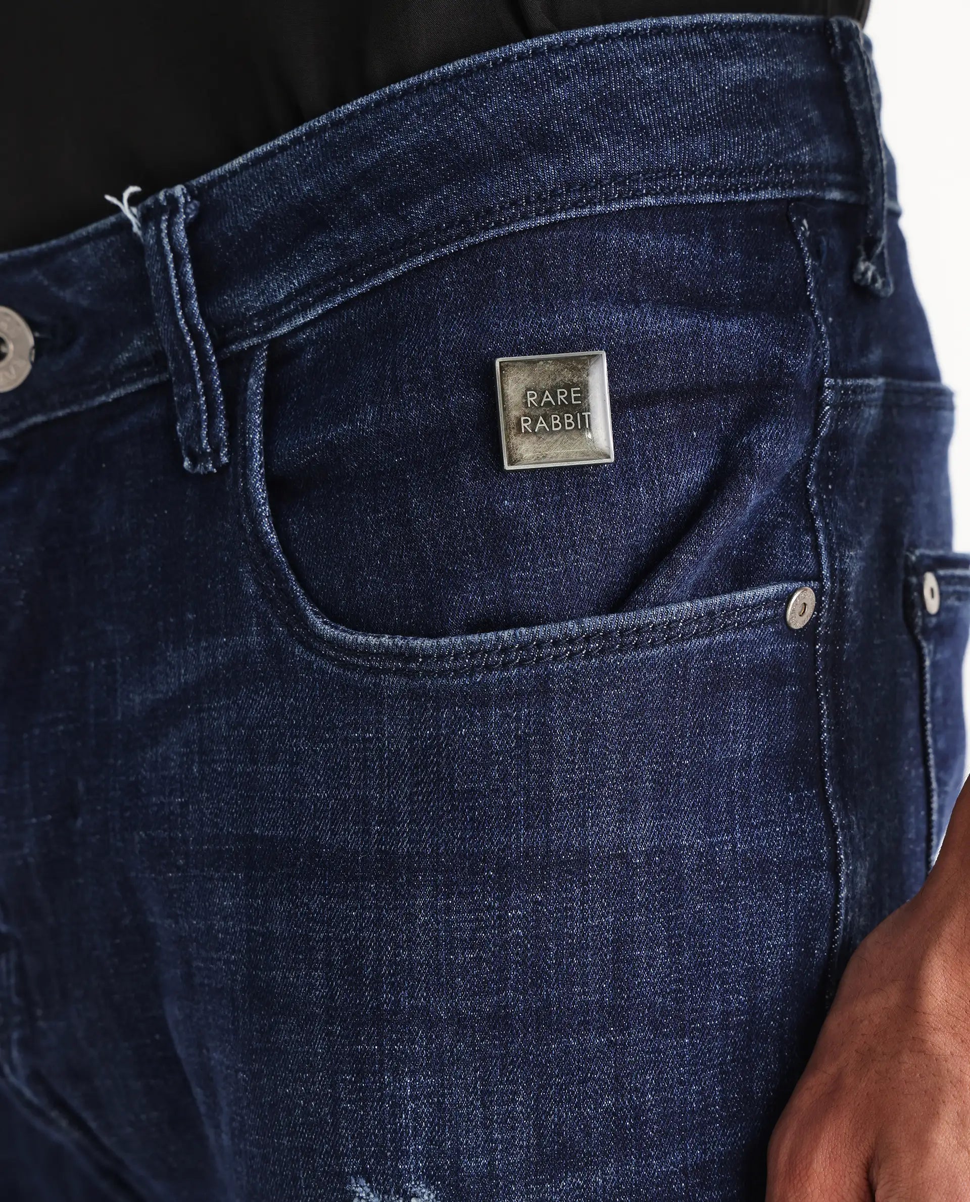 Rare Rabbit Men's Devin Blue Cotton Blend Plain Hawk Slim Fit Jeans