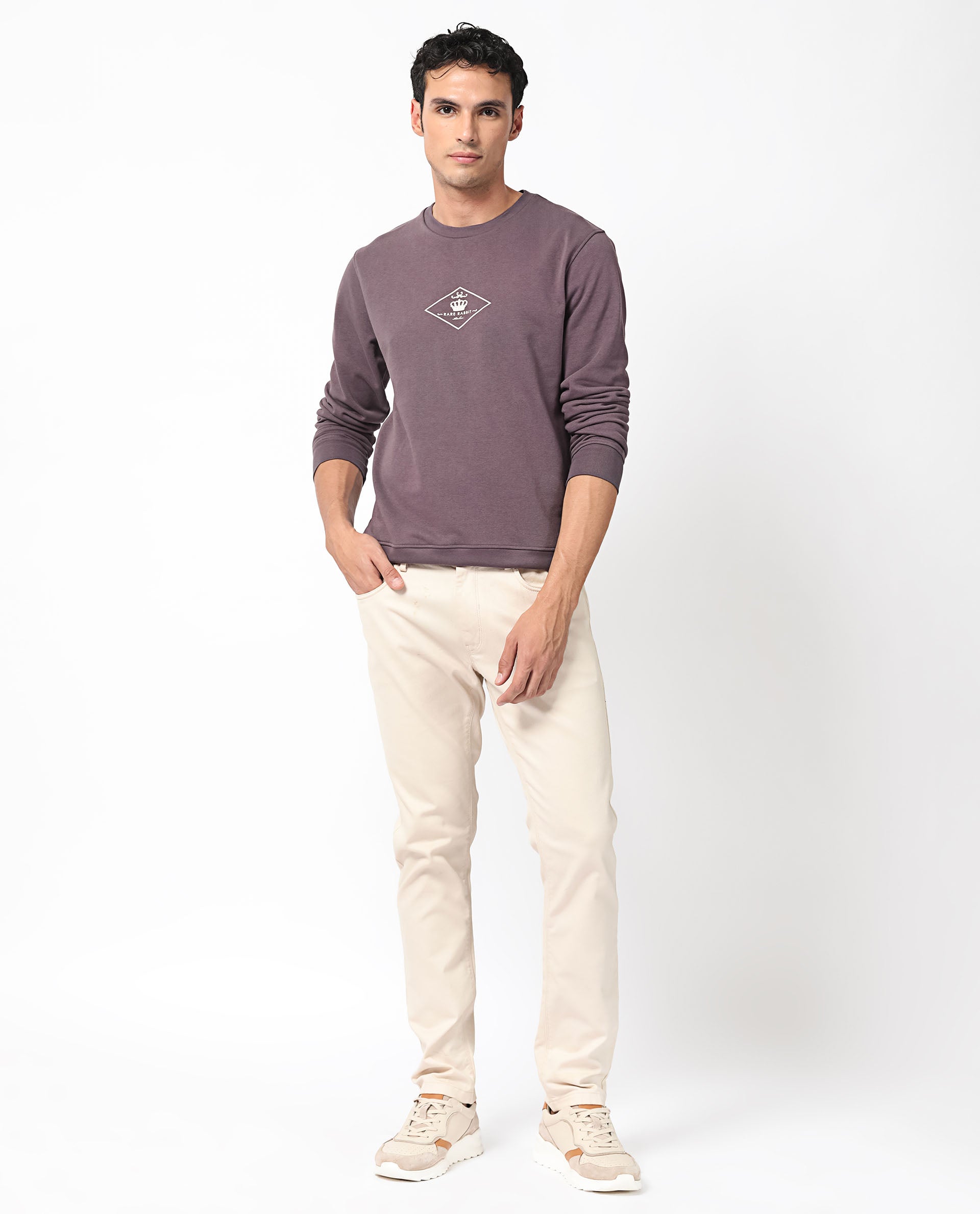 Rare Rabbit Men's Devonn Purple Cotton Polyester Fabric Full Sleeves Logo Graphic Print Knitted Sweatshirt