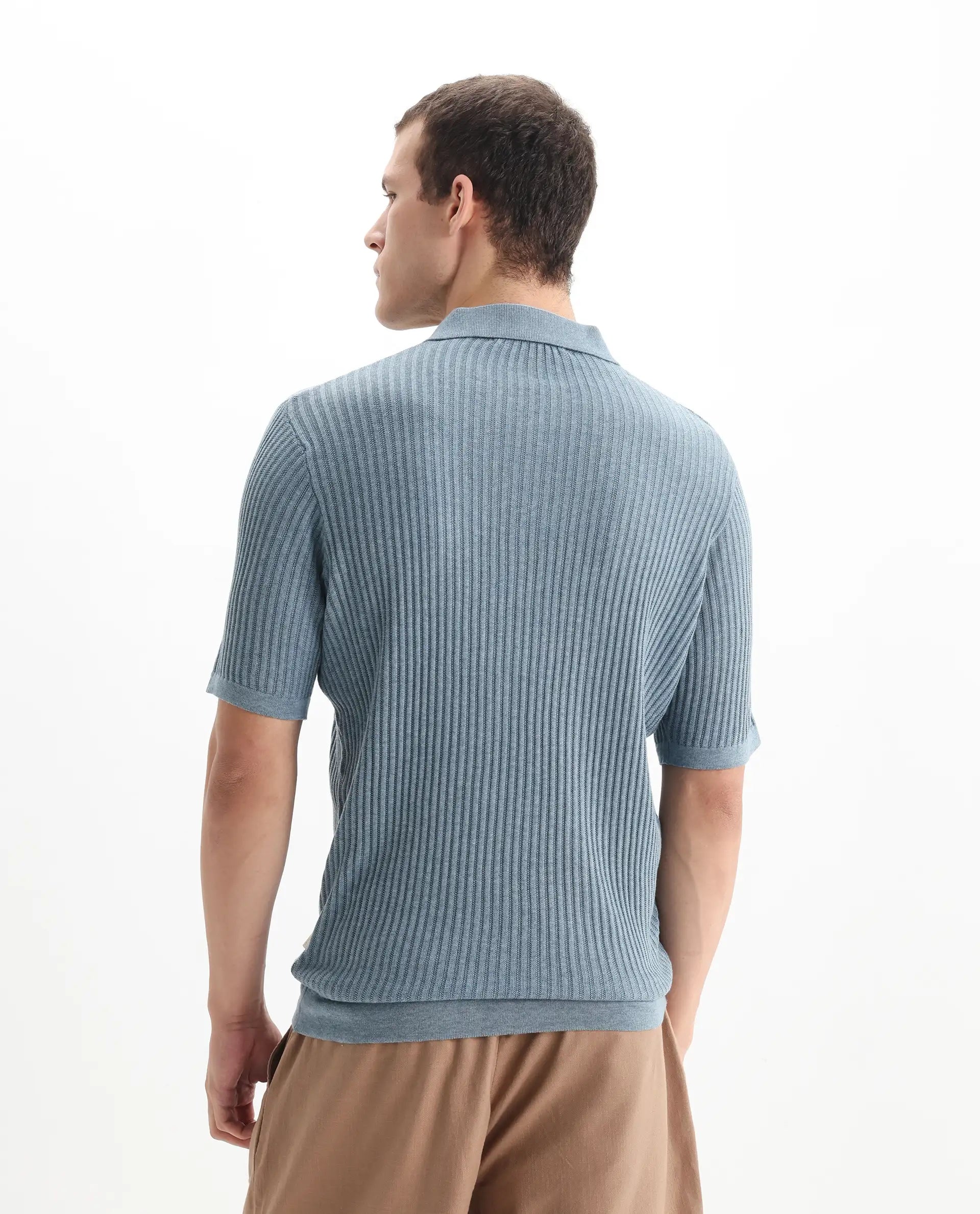 Rare Rabbit Men's Devr Dusky Blue Tencel Textured Regular Fit Half Sleeve Polo