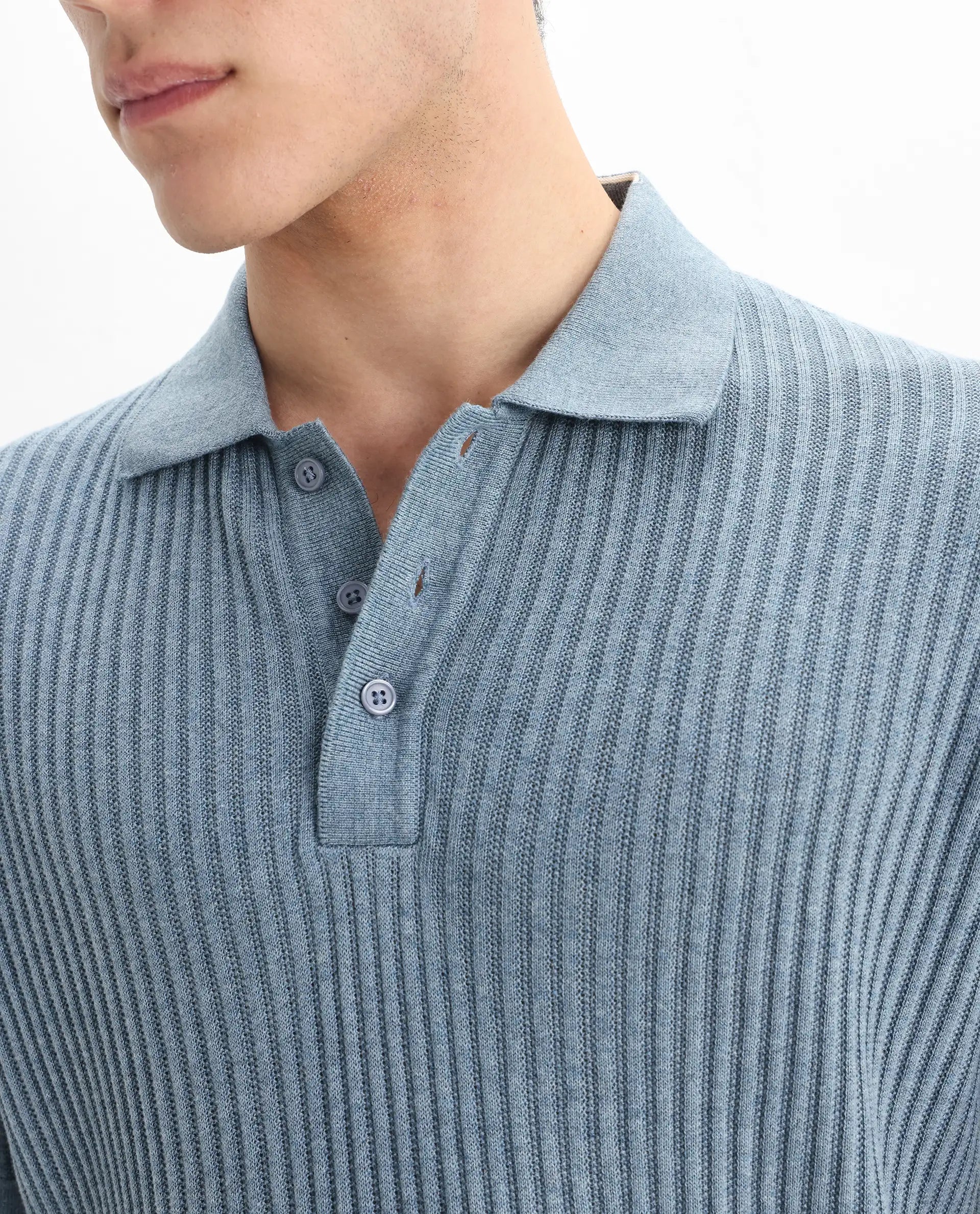 Rare Rabbit Men's Devr Dusky Blue Tencel Textured Regular Fit Half Sleeve Polo