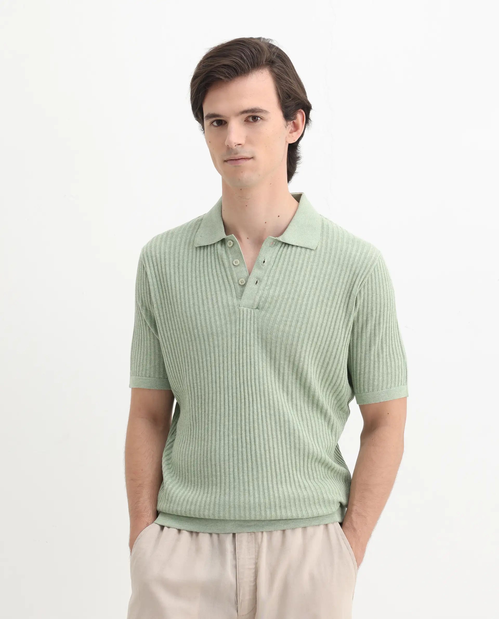 Rare Rabbit Men's Devr Light Green Tencel Textured Regular Fit Half Sleeve Polo