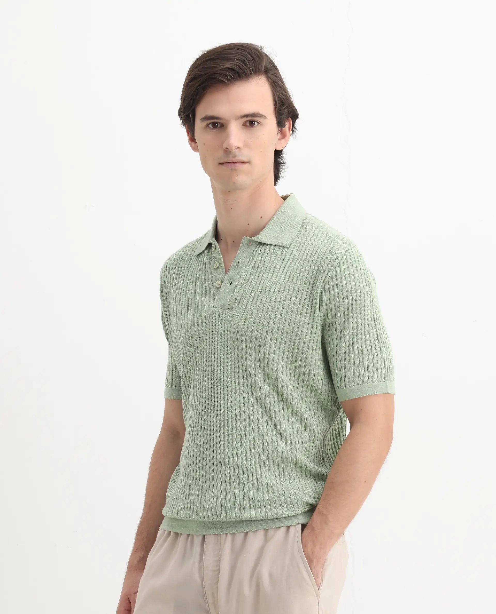 Rare Rabbit Men's Devr Light Green Tencel Textured Regular Fit Half Sleeve Polo
