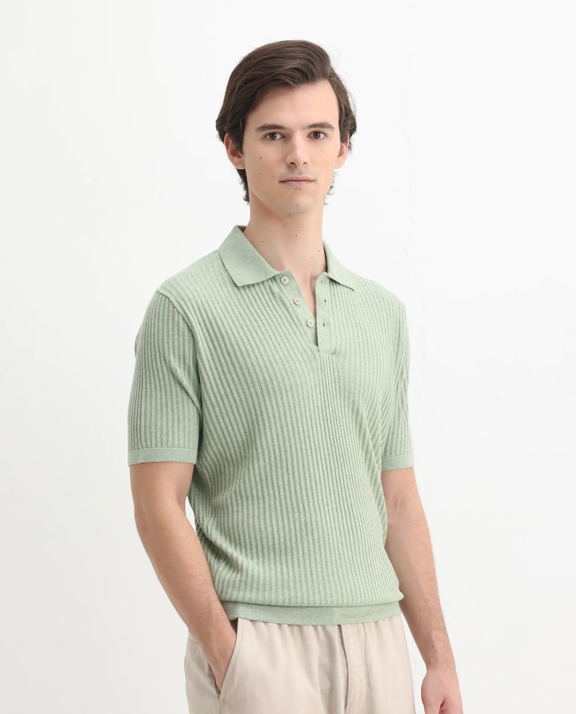 Rare Rabbit Men's Devr Light Green Tencel Textured Regular Fit Half Sleeve Polo