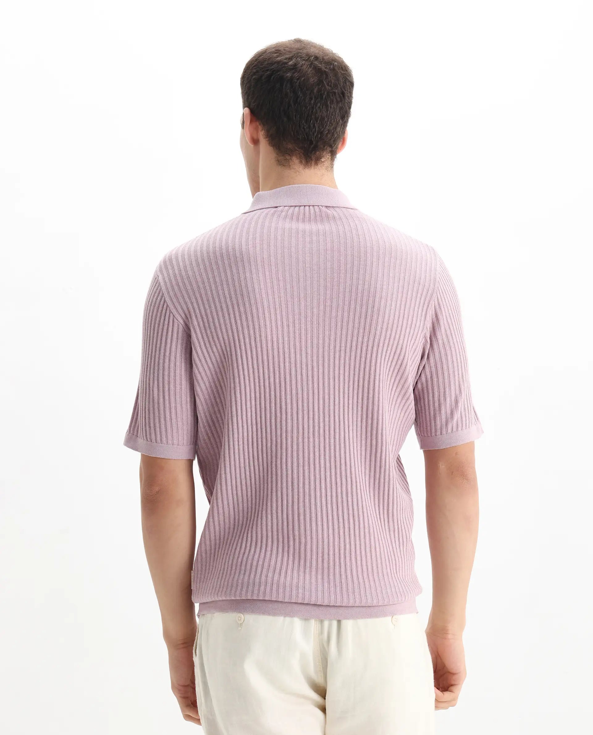 Rare Rabbit Men's Devr Dusky Pink Tencel Textured Regular Fit Half Sleeve Polo