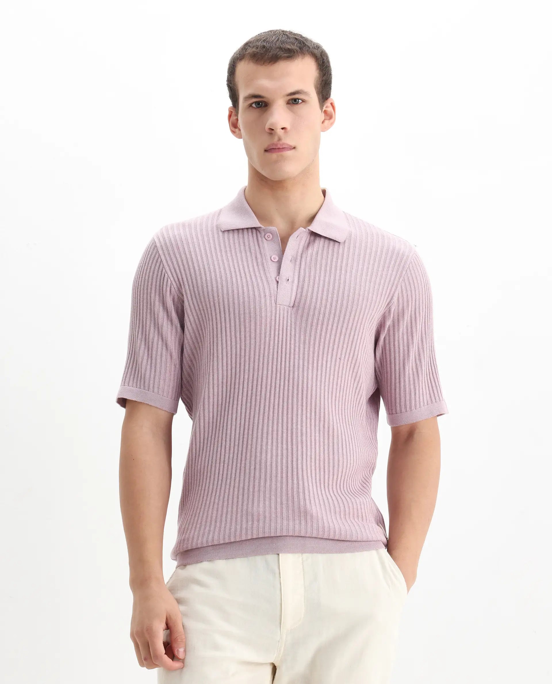 Rare Rabbit Men's Devr Dusky Pink Tencel Textured Regular Fit Half Sleeve Polo