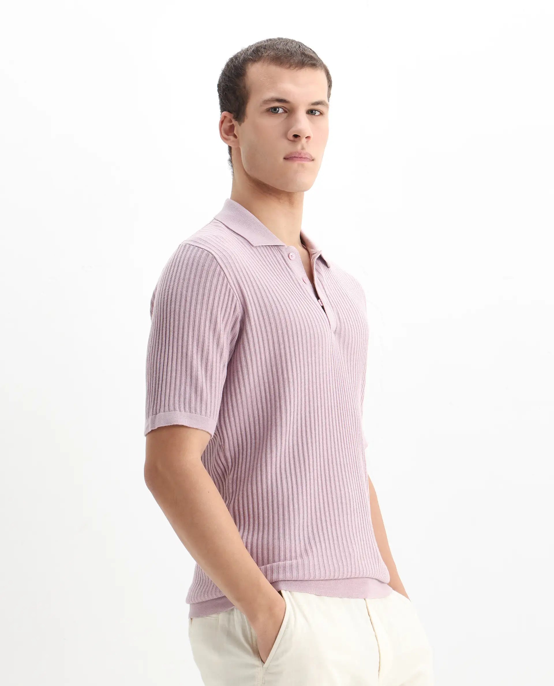 Rare Rabbit Men's Devr Dusky Pink Tencel Textured Regular Fit Half Sleeve Polo