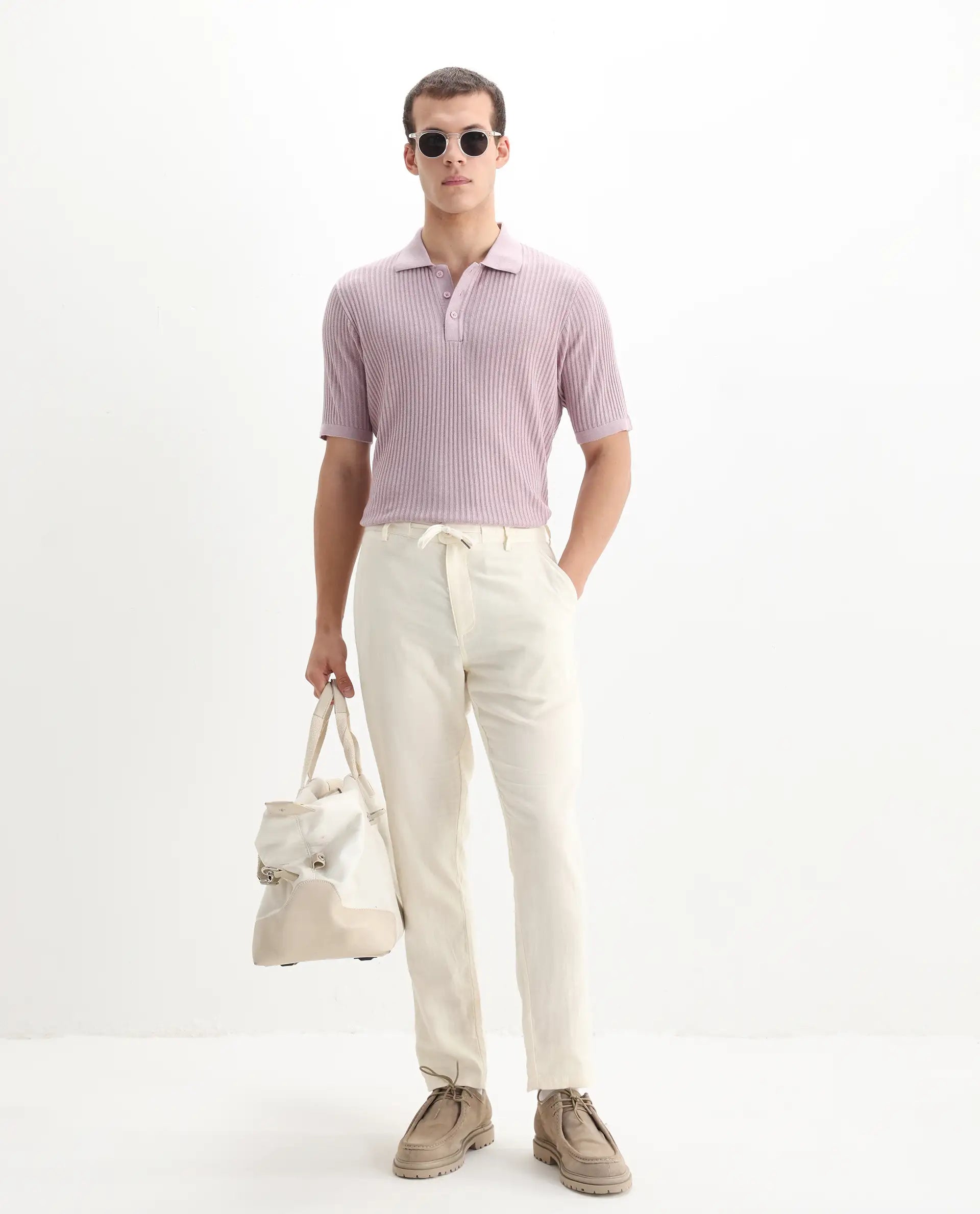 Rare Rabbit Men's Devr Dusky Pink Tencel Textured Regular Fit Half Sleeve Polo