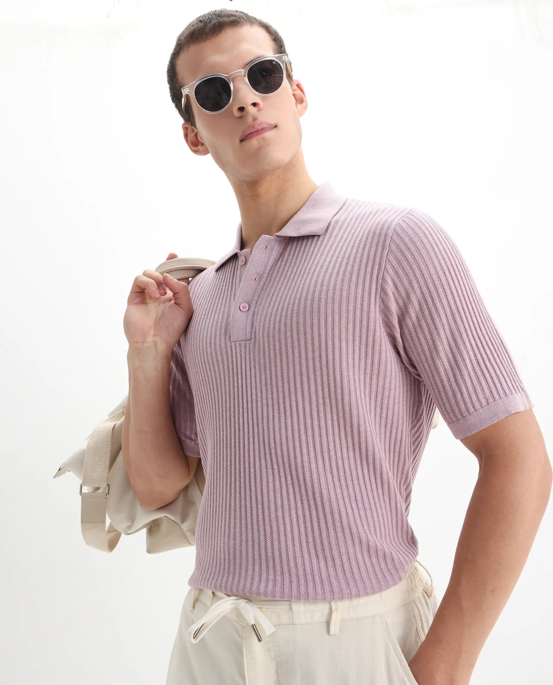 Rare Rabbit Men's Devr Dusky Pink Tencel Textured Regular Fit Half Sleeve Polo