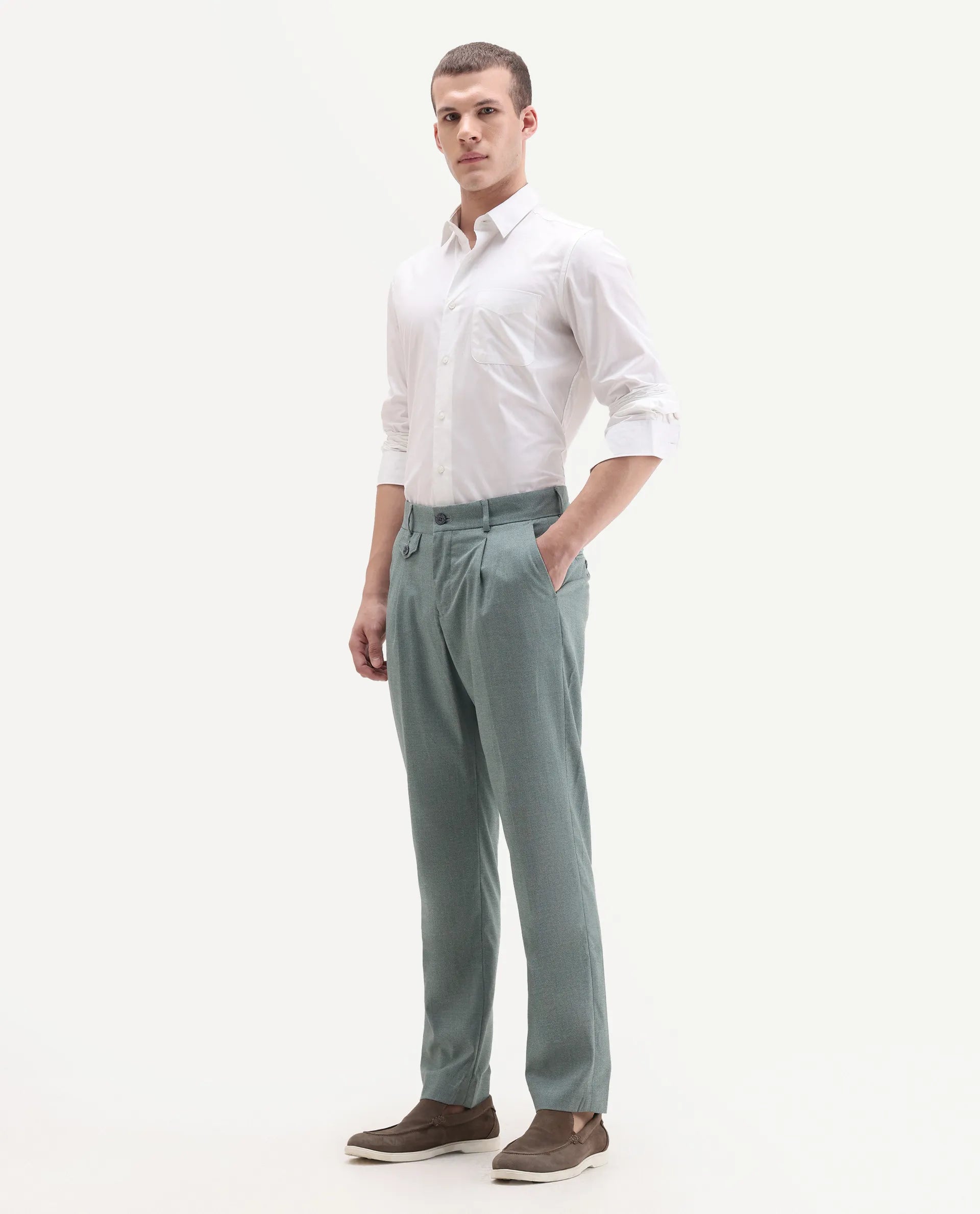 Rare Rabbit Men's Dex Green Cotton Plain Regular Fit Trouser