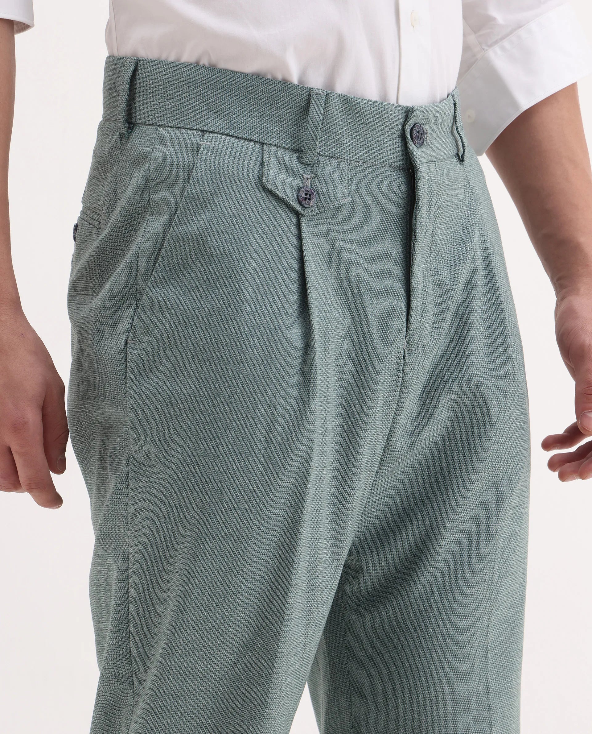 Rare Rabbit Men's Dex Green Cotton Plain Regular Fit Trouser