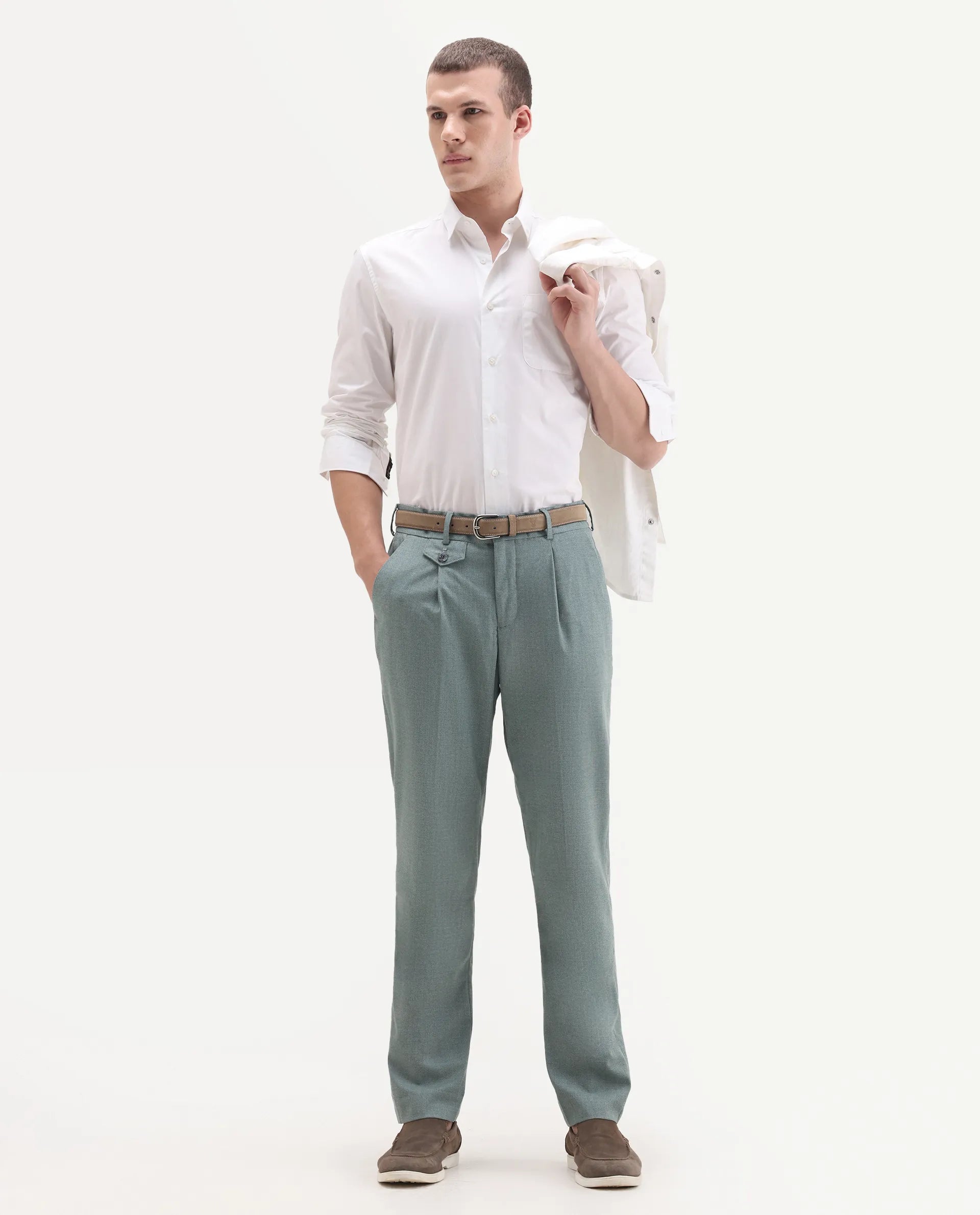 Rare Rabbit Men's Dex Green Cotton Plain Regular Fit Trouser