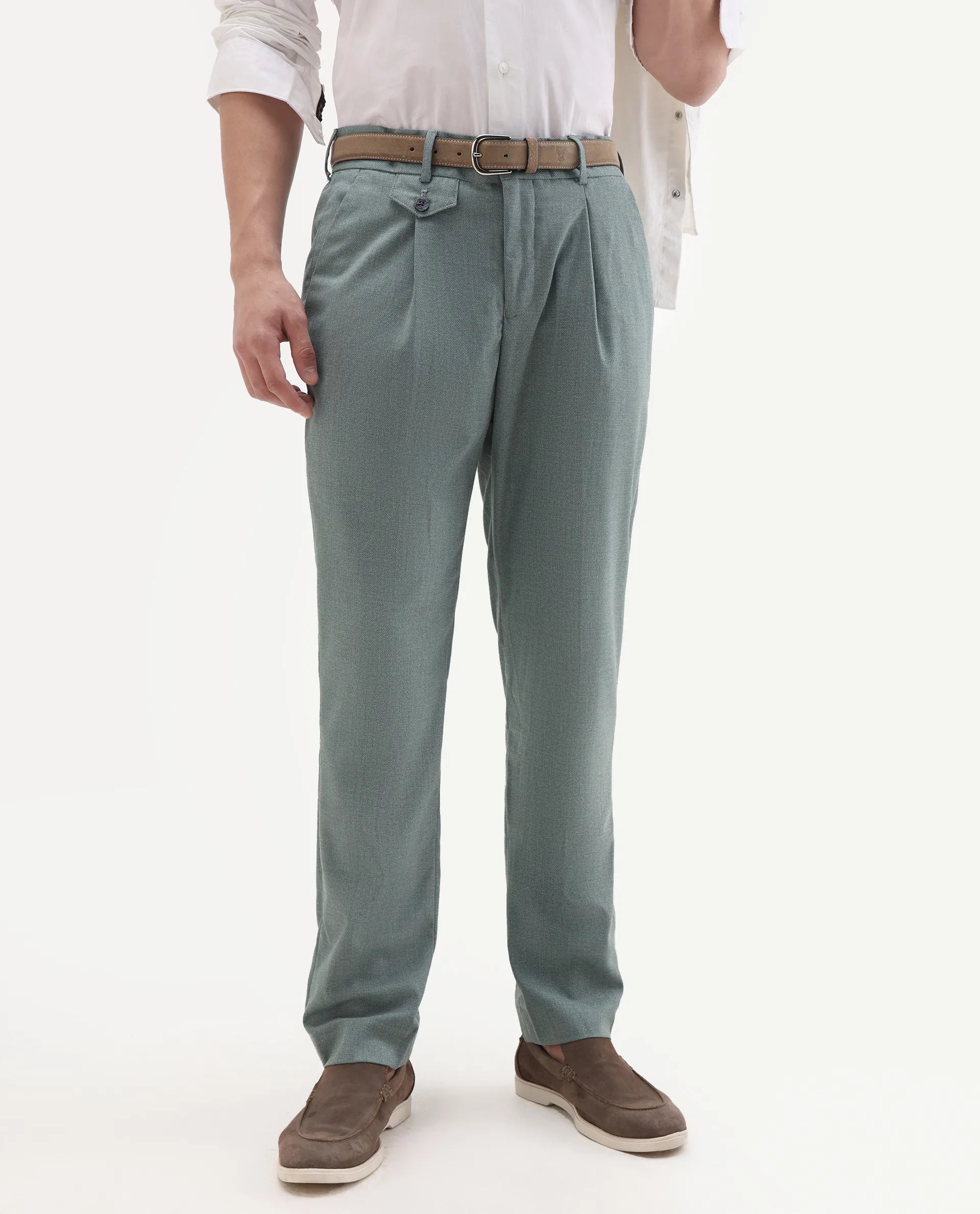 Rare Rabbit Men's Dex Green Cotton Plain Regular Fit Trouser