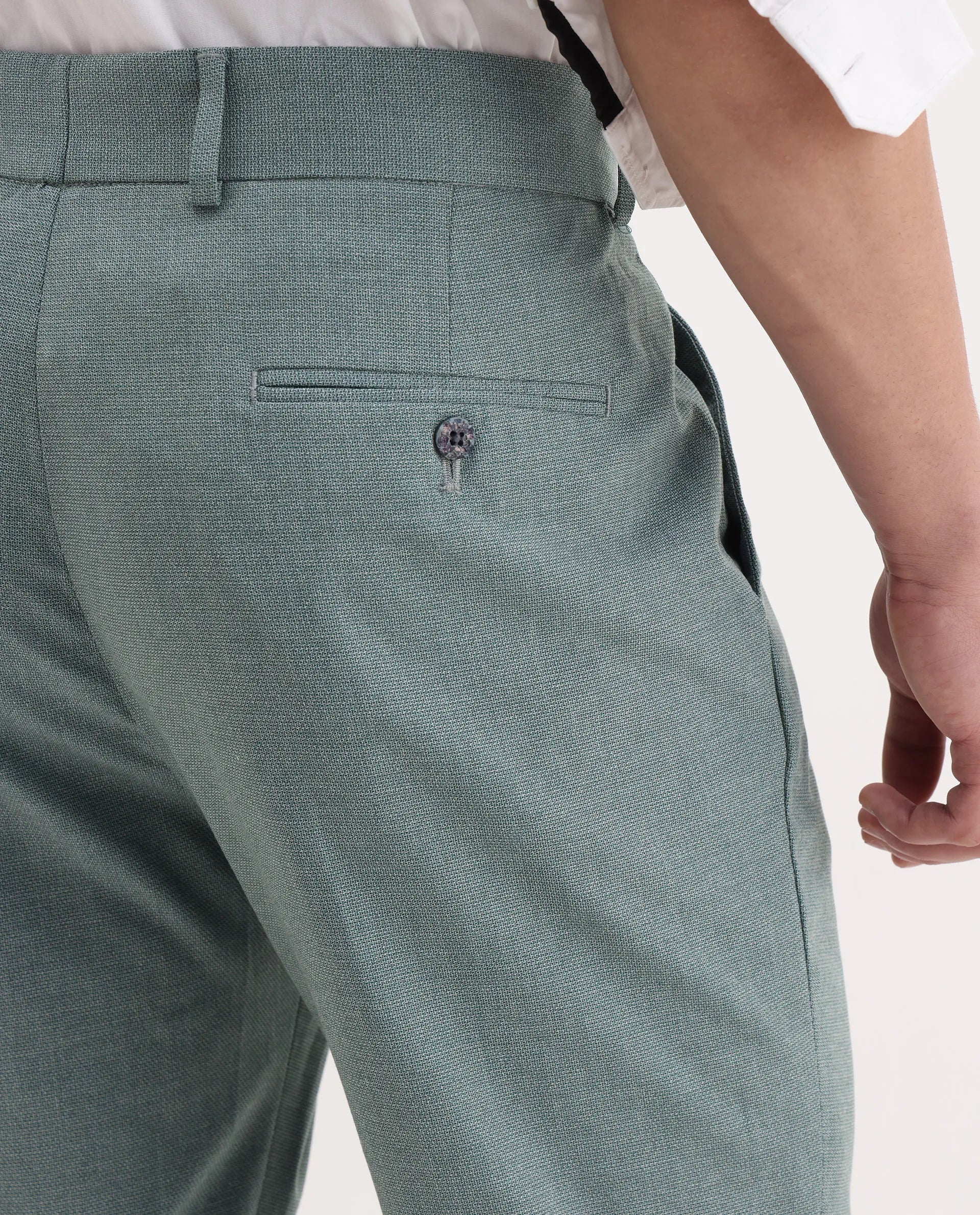 Rare Rabbit Men's Dex Green Cotton Plain Regular Fit Trouser