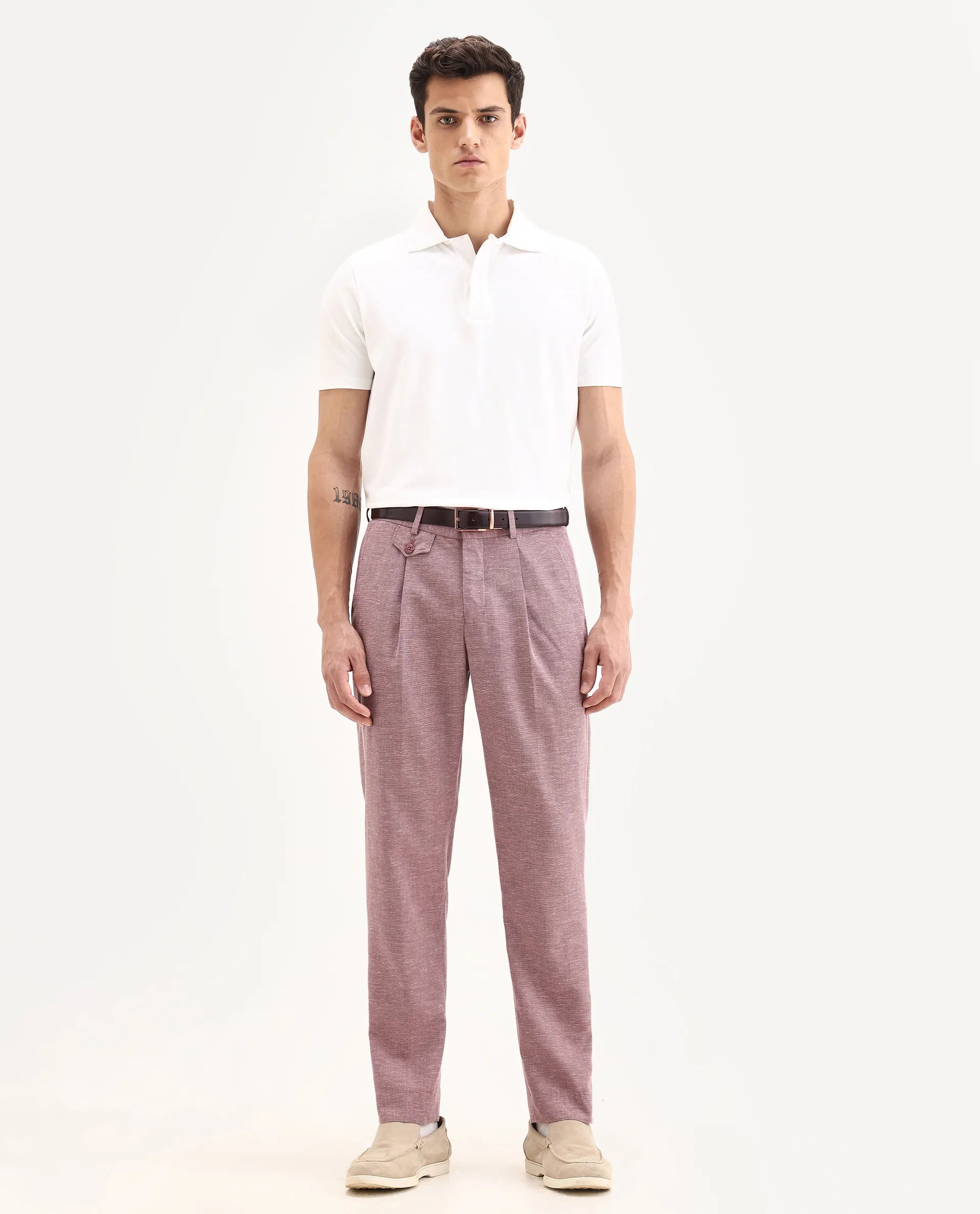Rare Rabbit Men's Dex Maroon Cotton Plain Regular Fit Trouser