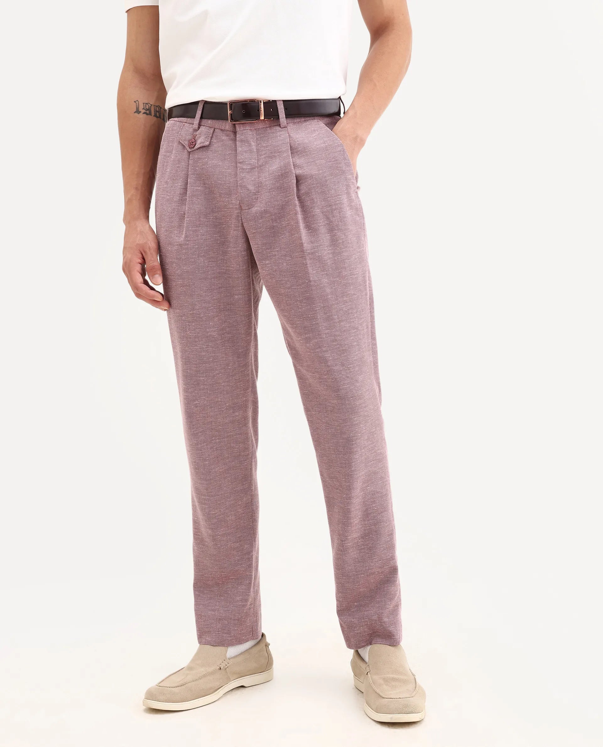 Rare Rabbit Men's Dex Maroon Cotton Plain Regular Fit Trouser